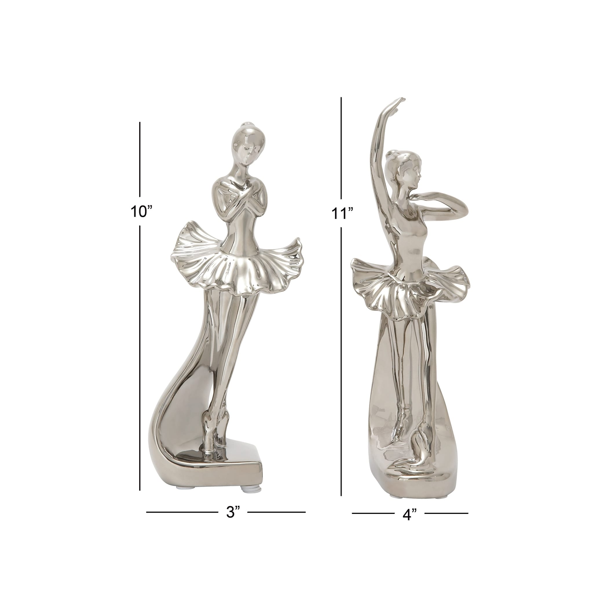 The Novogratz Silver Porcelain Ceramic Dancer Decorative Sculpture (Set of 2) - 4 x 2.75 x 11 and 3 x 2.5 x 10