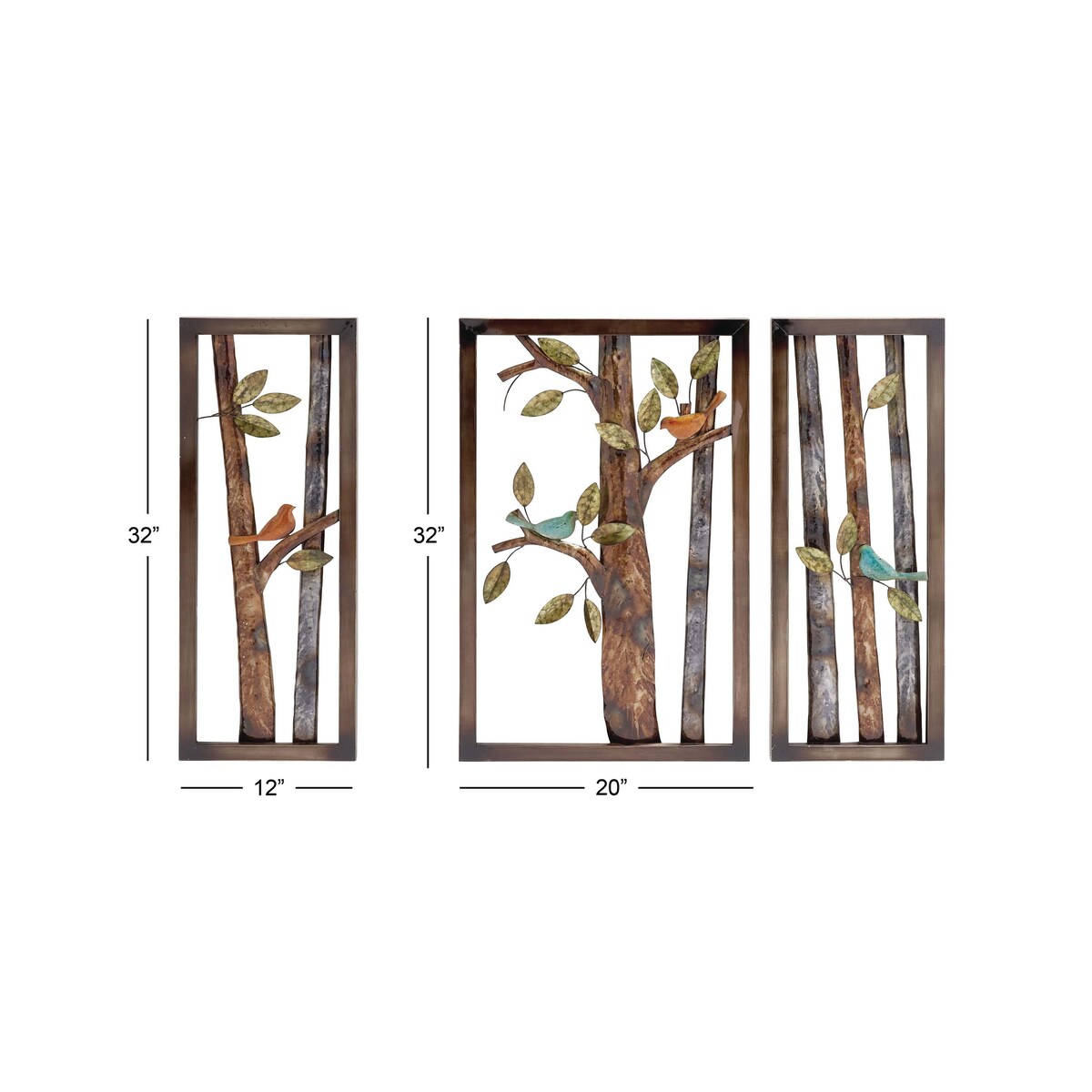 Metal Bird Home Wall Decor with Tree Branches - Set of 3 Multi Colored - Roche River Decor