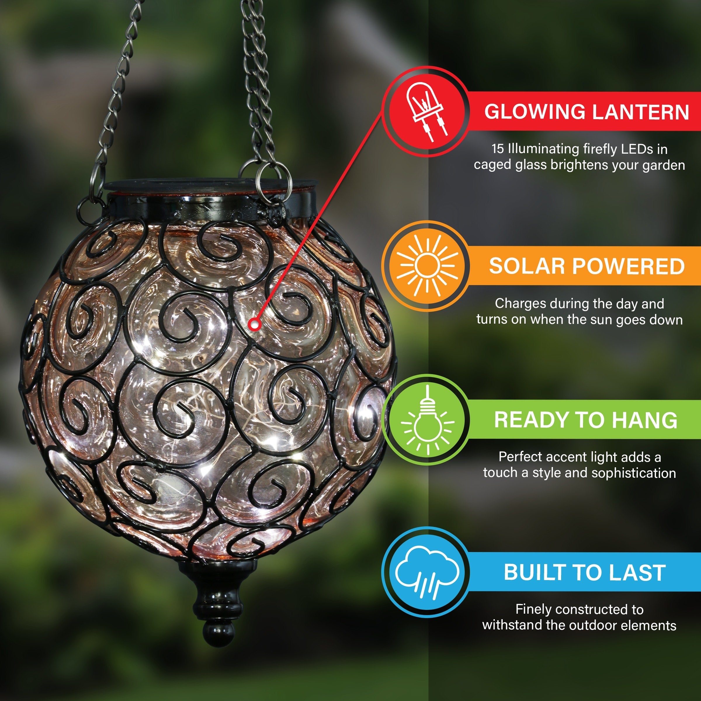 Exhart Solar Round Glass and Metal Hanging Lantern with 15 LED Fairy Firefly String Lights, 7 by 21 Inches