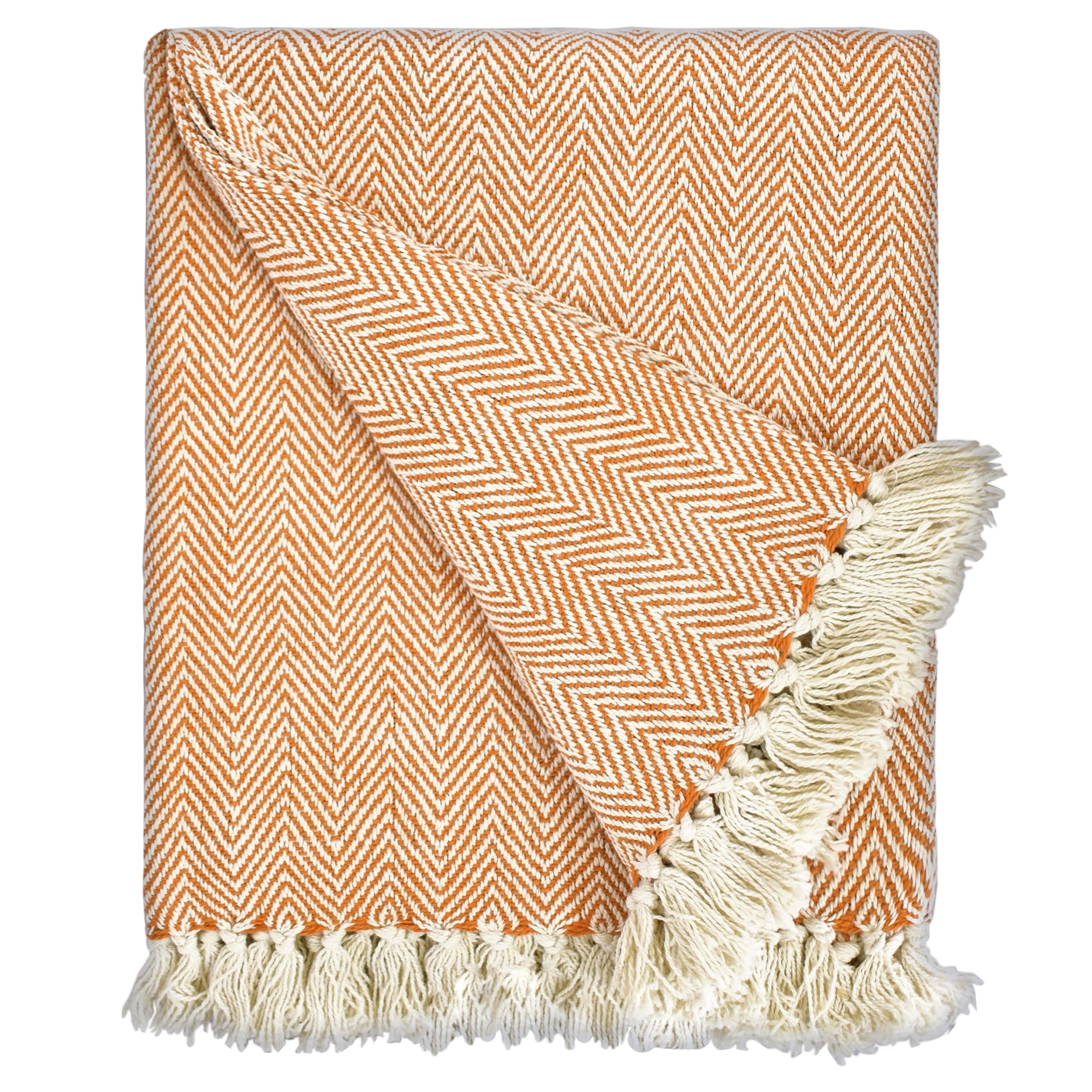 Fabstyles Herringbone Stripe Cotton Throw Blanket With Fringes