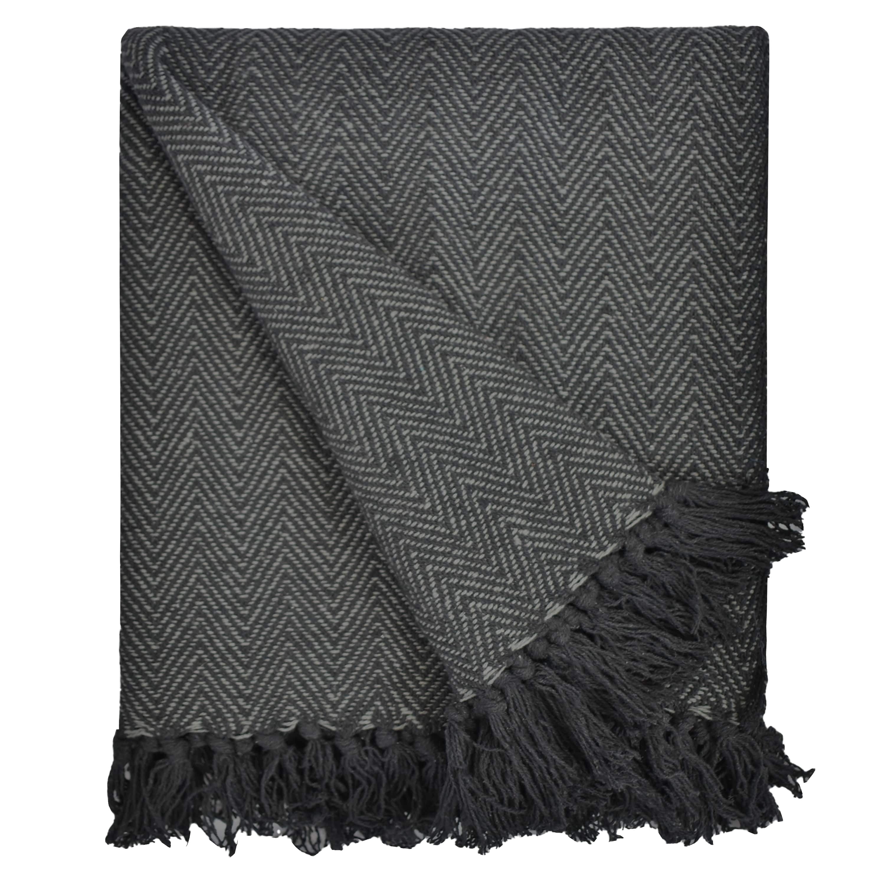 Fabstyles Herringbone Stripe Cotton Throw Blanket With Fringes