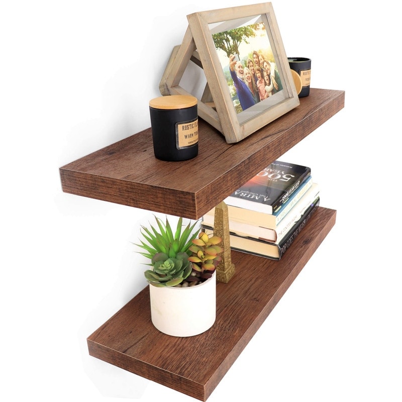 Designer 24 Floating Wall Shelves, Large Wooden Rack Set of 2