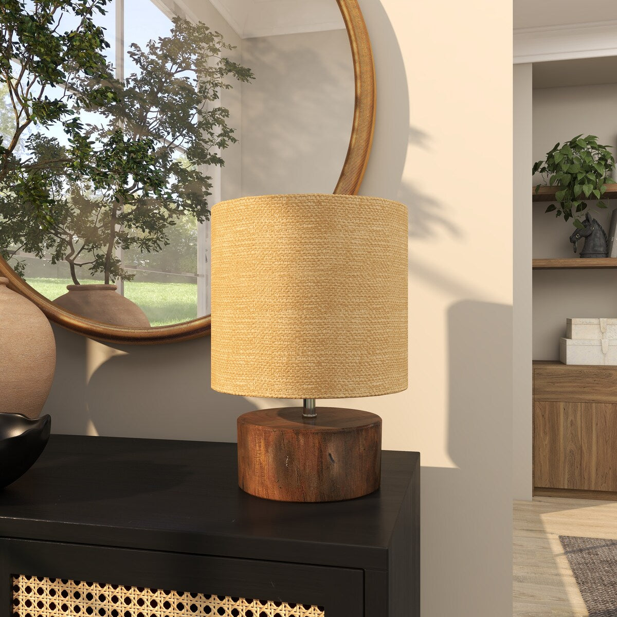 Wood Room Table Lamp with Jute Shade - Dark Brown - Roche River Decor