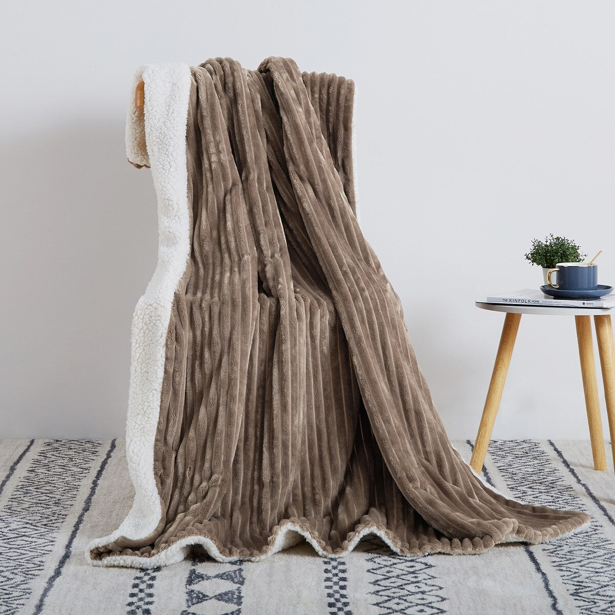 50” x 60” Sherpa Flannel Throw Blanket, Soft Brown Fluffy Throw Blanket