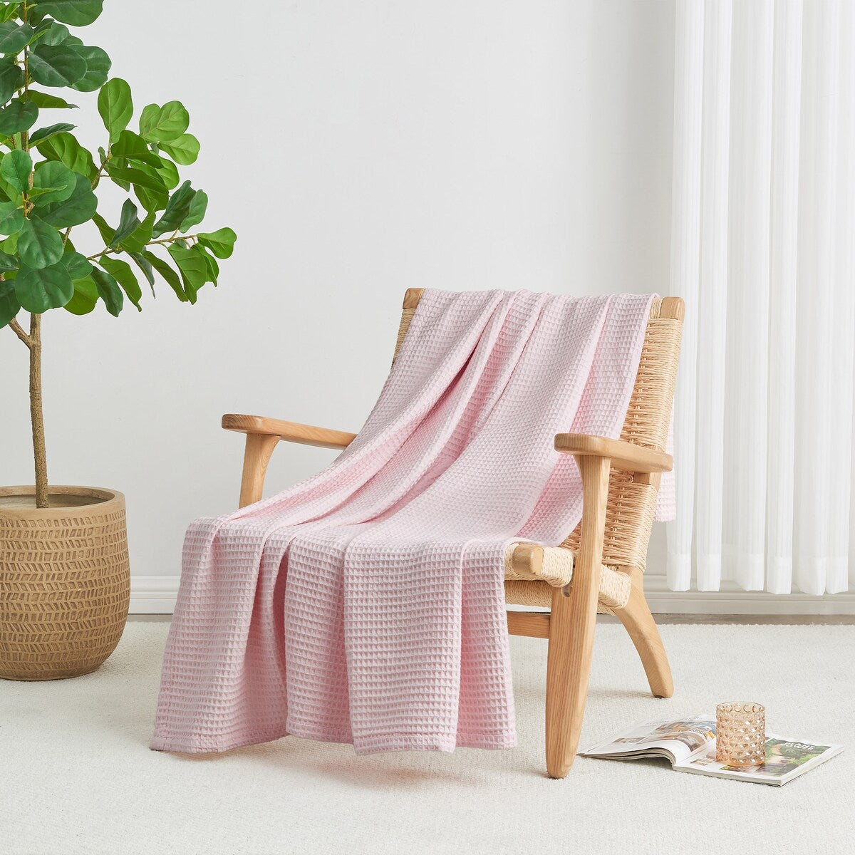 Linery & Co. 100% Cotton All-Season Lightweight Waffle Weave Knit Throw Blanket