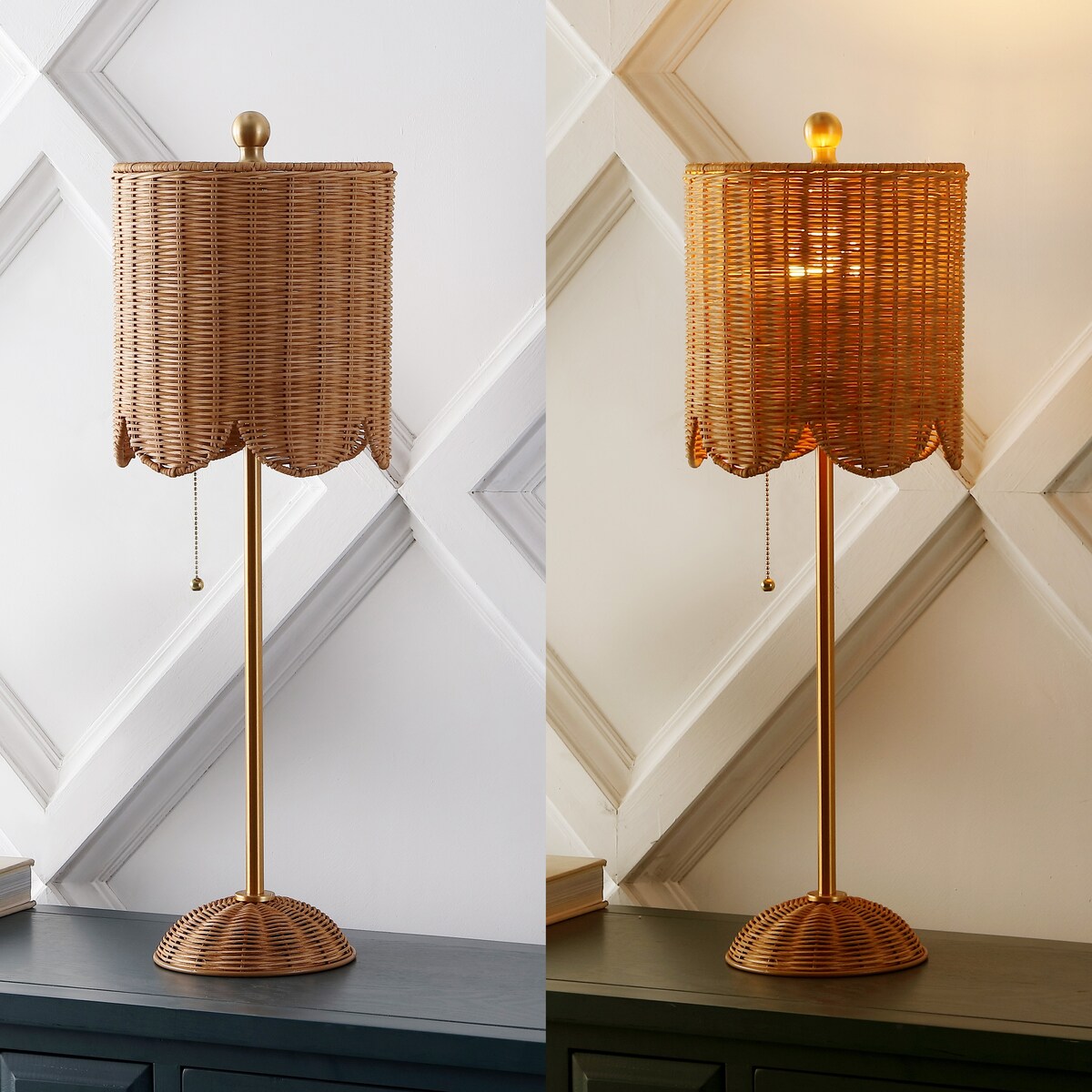 Aksel 27.5 Coastal Rattan/Iron Scalloped Buffet LED Table Lamp with Pull Chain, Natural/Brass Gold (Set of 2) by JONATHAN Y