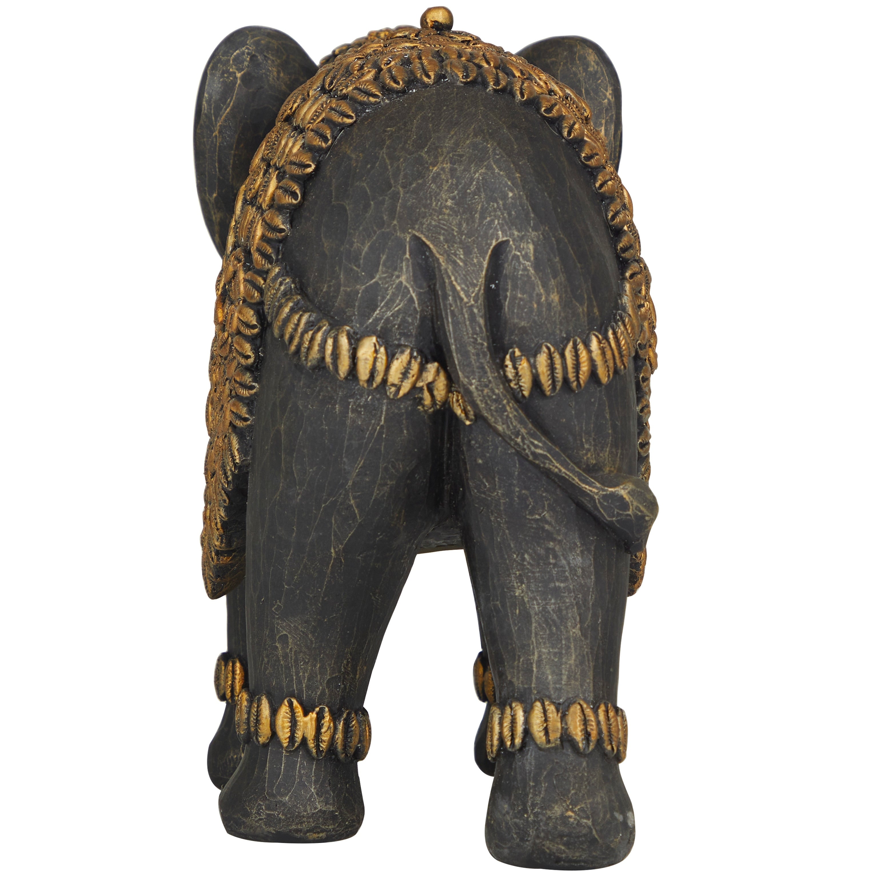 Black Polystone Elephant Sculpture with Cowrie Shell Carvings