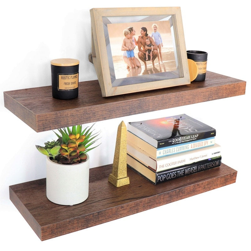 Designer 24 Floating Wall Shelves, Large Wooden Rack Set of 2