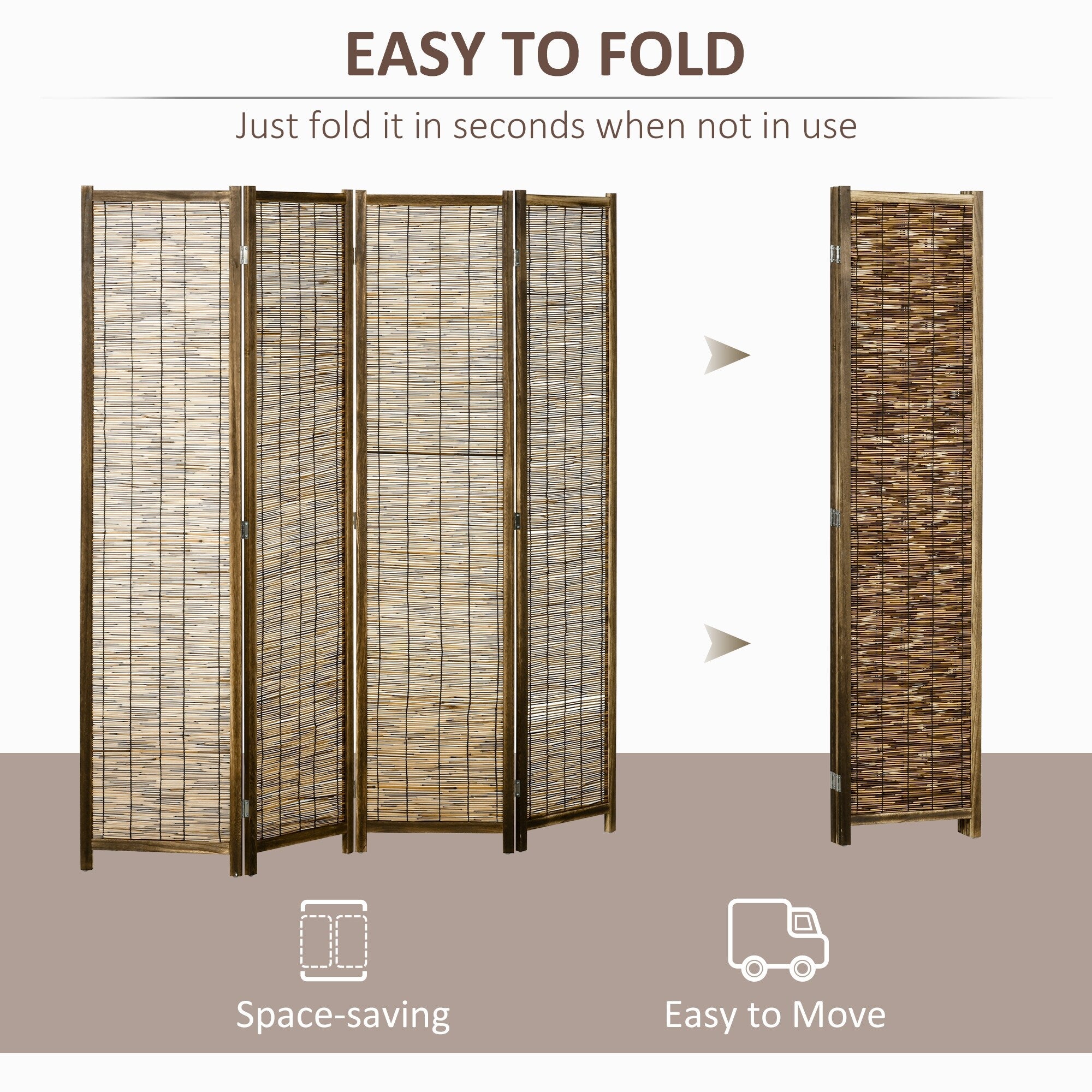 HOMCOM 4 Panel Room Divider, 5.5' Tall Portable Folding Privacy Screens, Wood & Hand-Woven, Brown