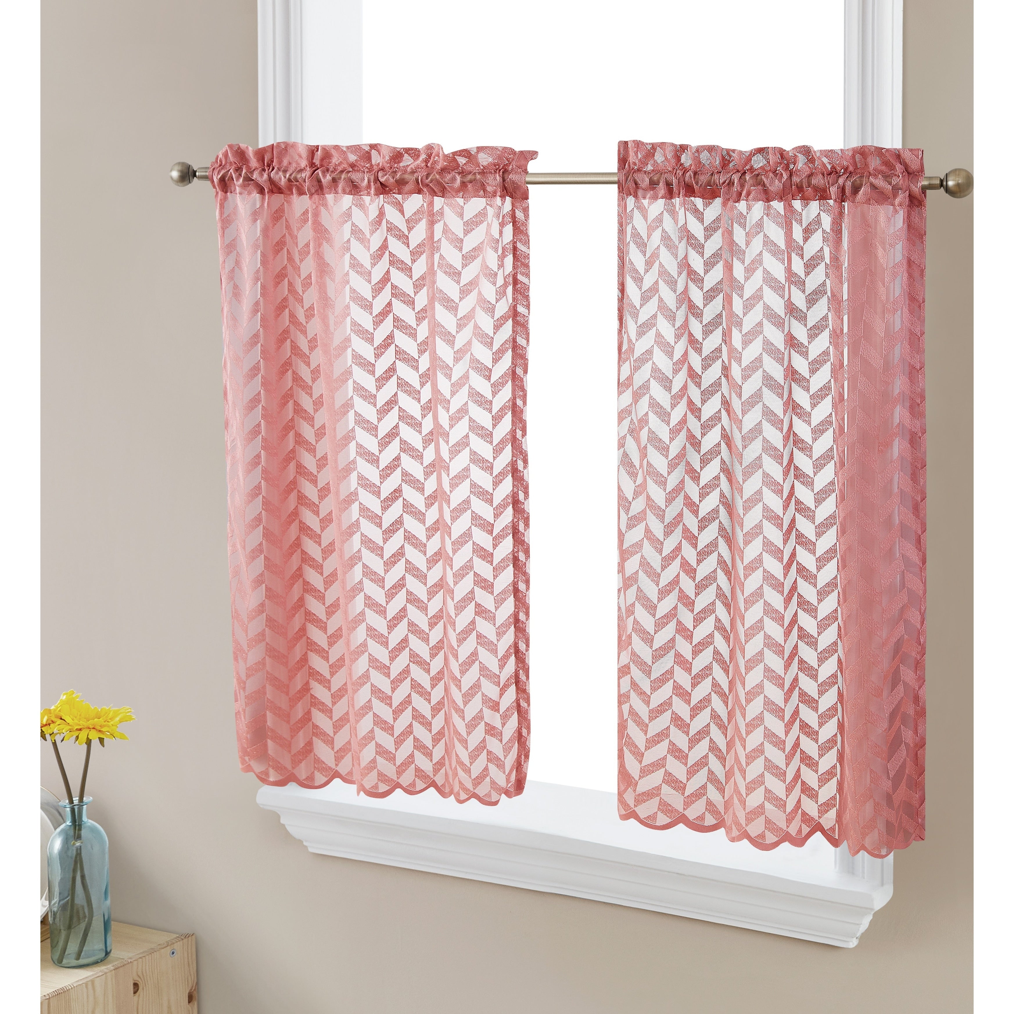 HLC.me Herringbone Lace Sheer Kitchen Cafe Curtain Tiers Swags Valance for Small Windows & Bathroom