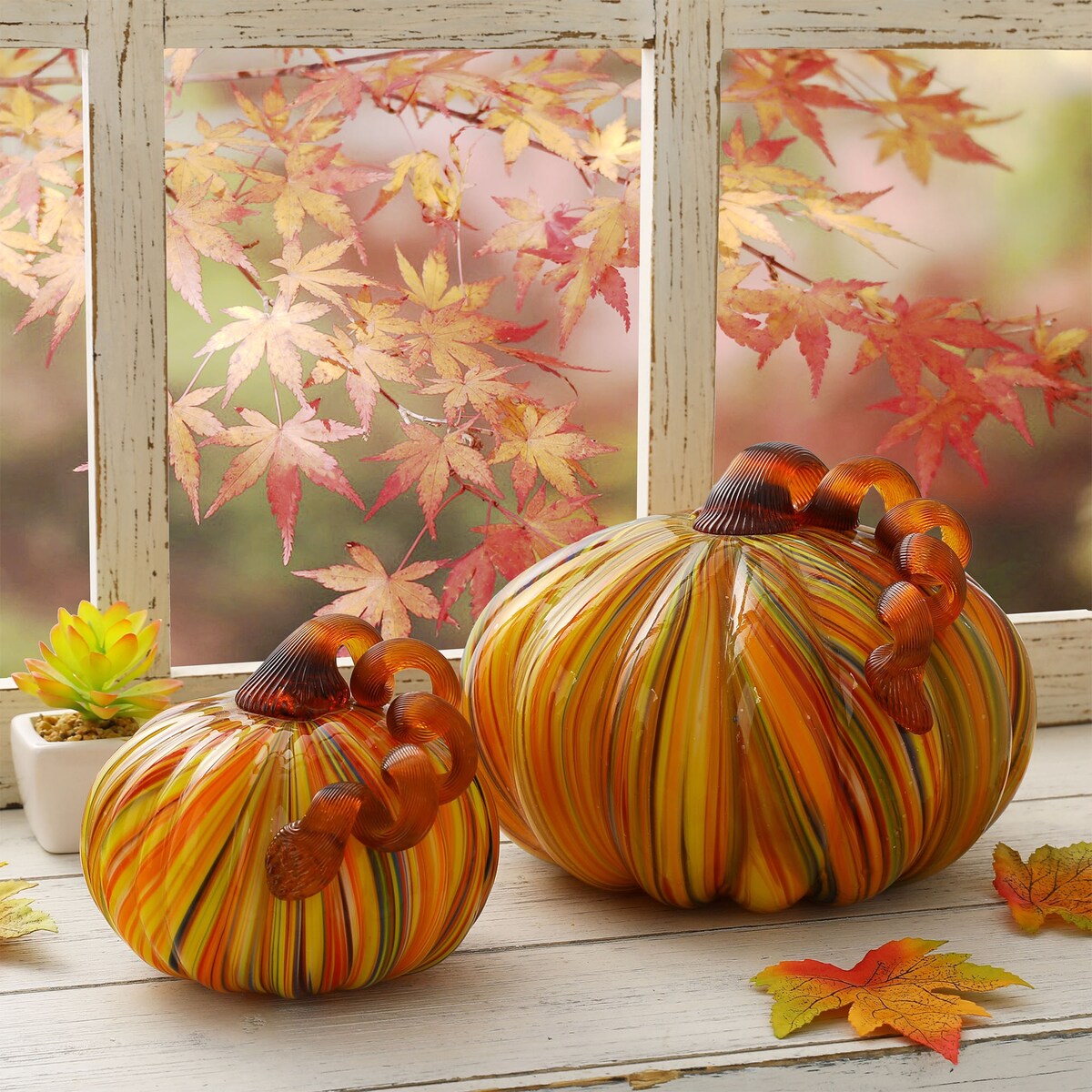 Glitzhome Fall Harvest Multi Striped Handblown Glass Pumpkins for Thanksgiving Decor