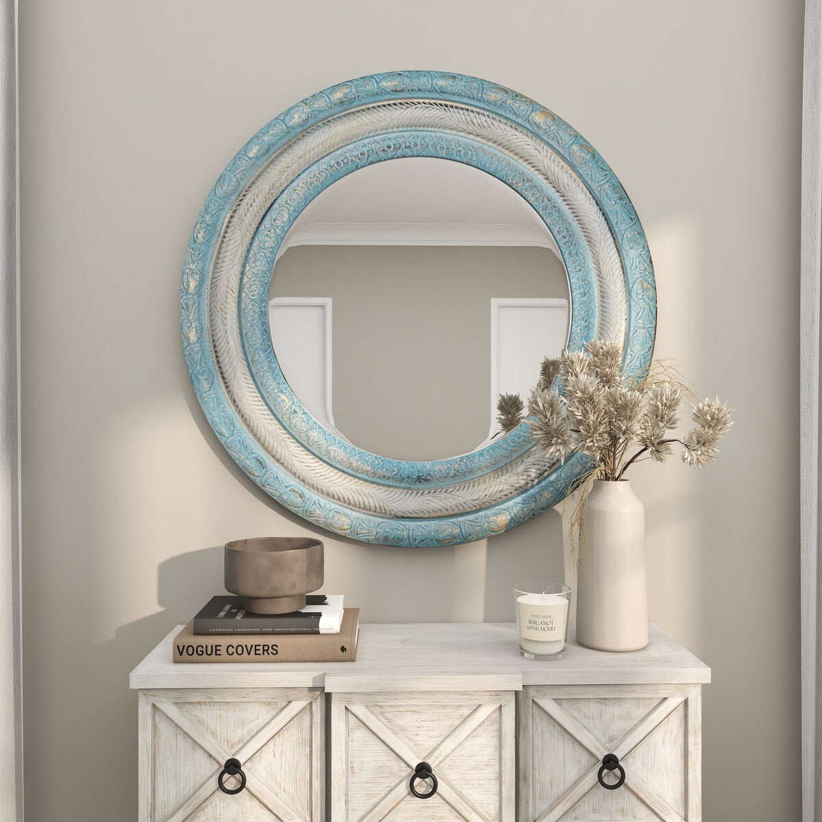 Wooden Floral Distressed Carved Room Wall Mirror with Gold and Beige Accents - Blue - Roche River Decor