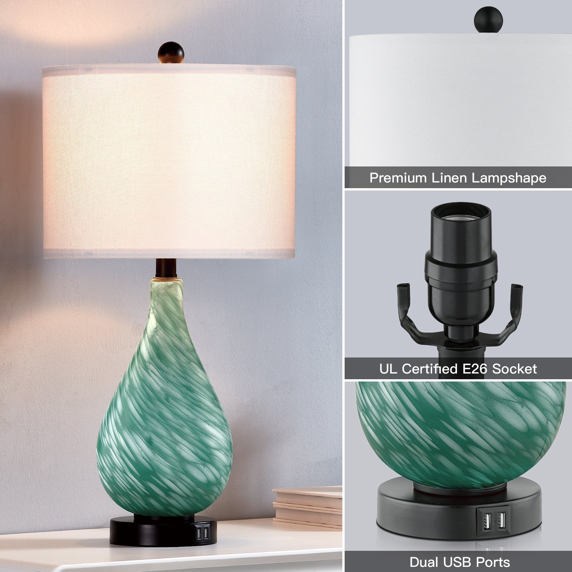 Cinkeda Table Lamp Teal Green Glass 3-Way Touch Dimming Dual USB Ports - 12'' x 12'' x 24'' (L x W x H)