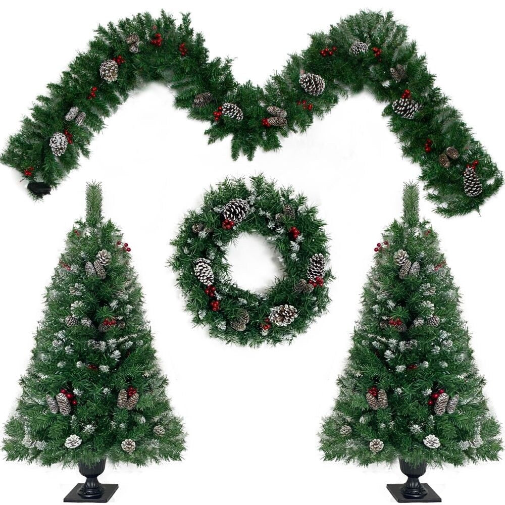 Pre-lit Artificial Christmas 4-Piece Set,Garland, Wreath and Set of 2 Entrance Trees