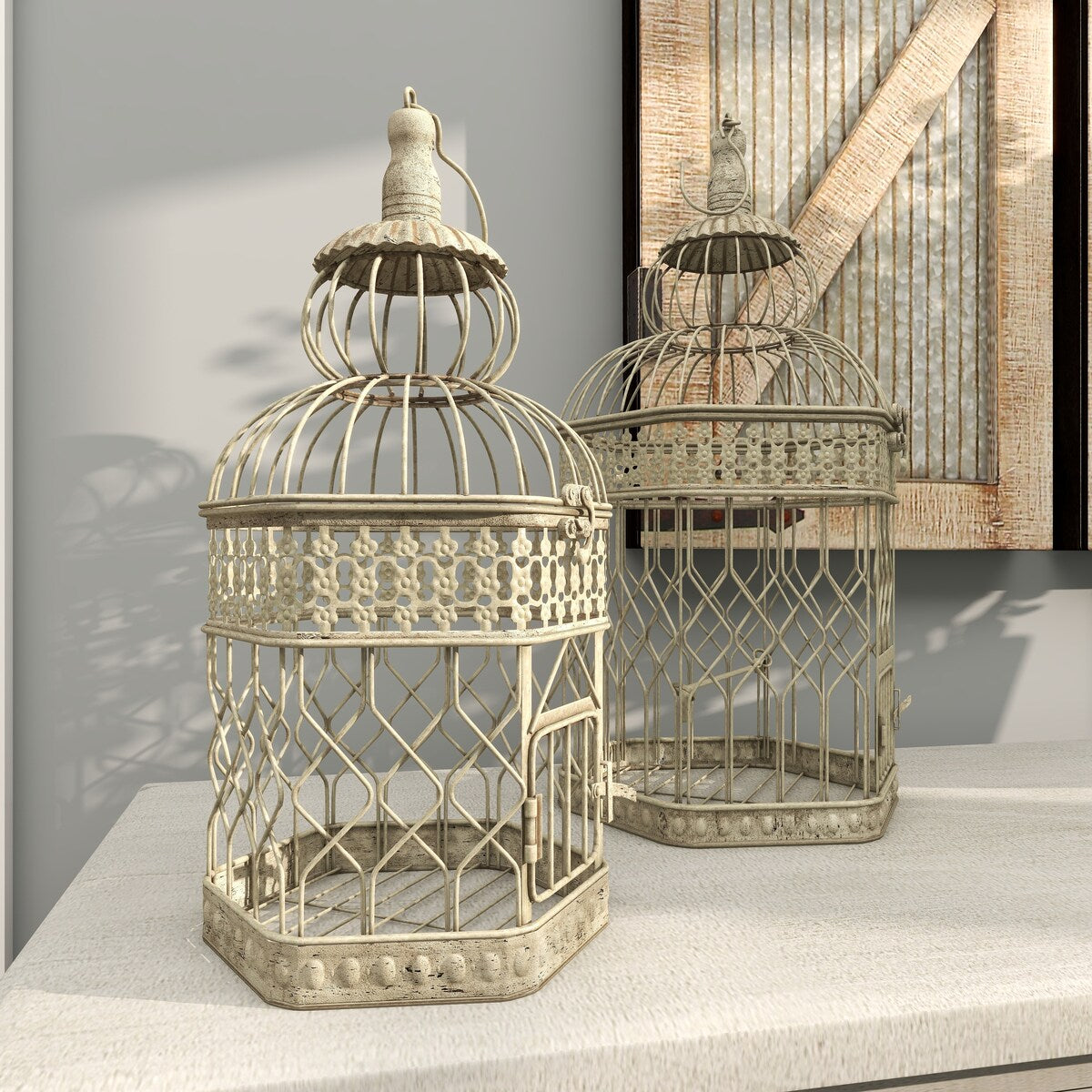 Metal Scroll Distressed Wire Birdcage with Latch Lock Closure and Hanging Hook - Set of 2 Cream - Roche River Decor