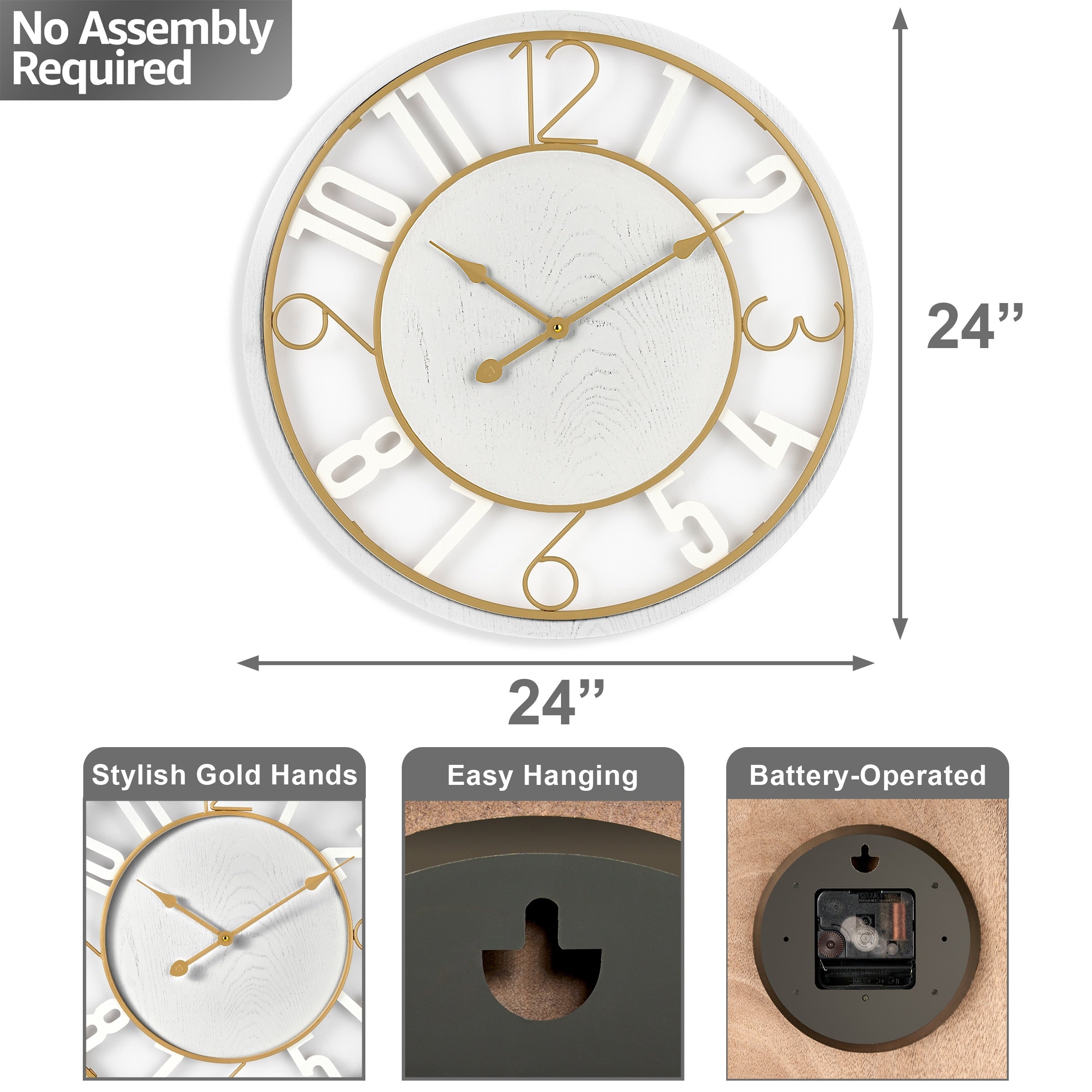 Sorbus Large 24 Decorative Round Wooden Analog Modern Wall Clock Battery Operated With Numeral Style Design