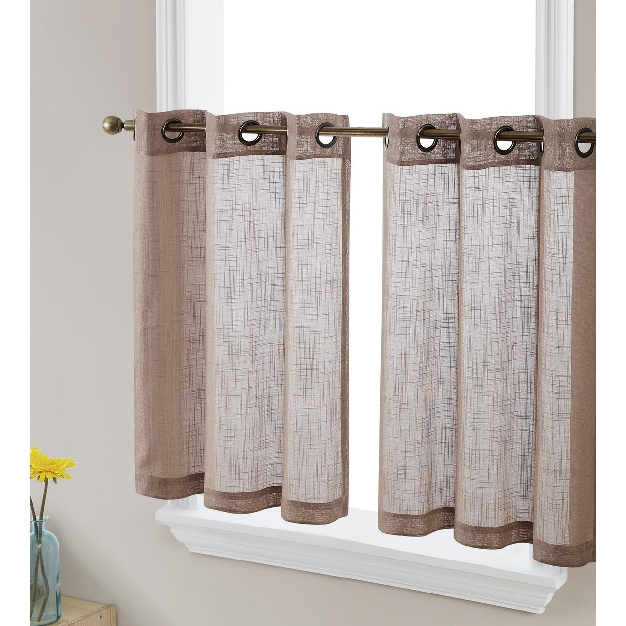 HLC.me Abbey Faux Linen Textured Semi Sheer Grommet Curtain Tiers Valance Small Windows, Bedroom & Bathroom