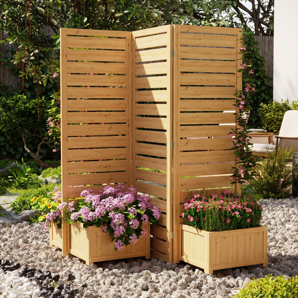 Cedar Tri-Fold Privacy Screen with 4 Planter Boxes, Weather-Resistant