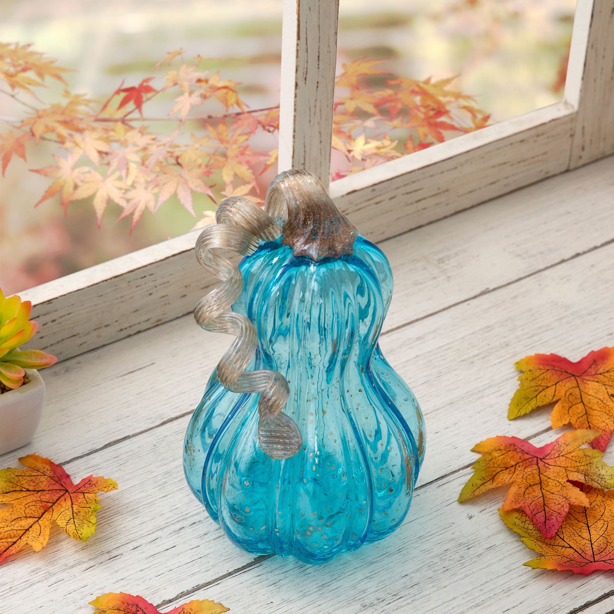 Glitzhome Hand Blown Blue Glass Pumpkin Thanksgiving Table Decor Christmas Gifts