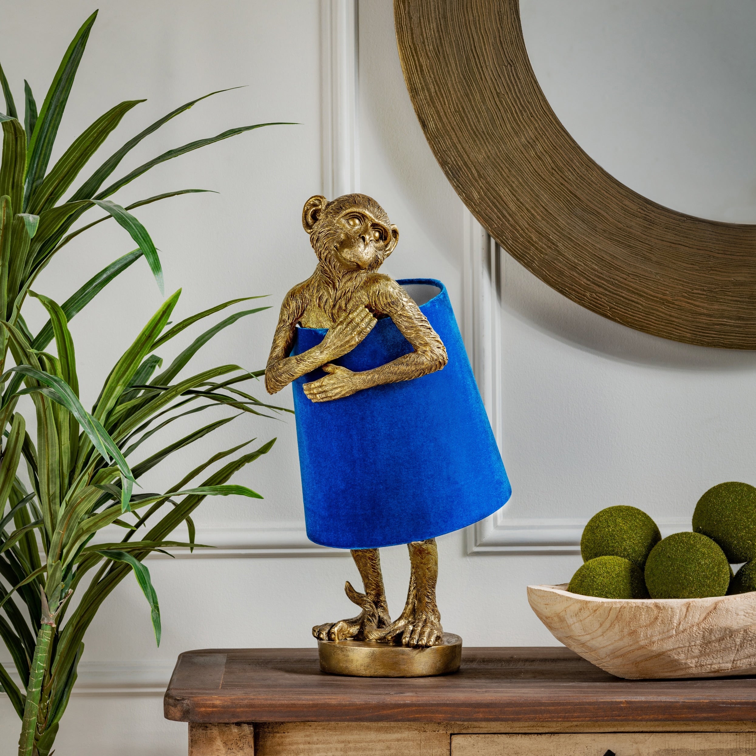 Chester Gold Monkey Table Lamp w/Blue Velvet Shade - 9 x 9 x 21.5