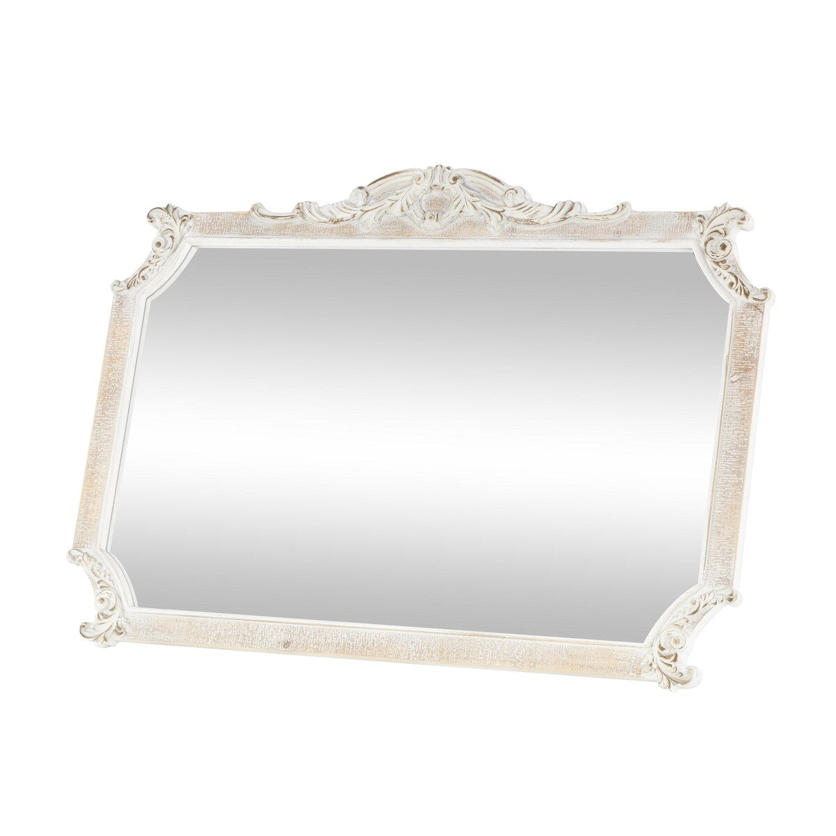 Wooden Scroll Room Wall Mirror with Curved Corners and Brown Distressing - Cream - Roche River Decor