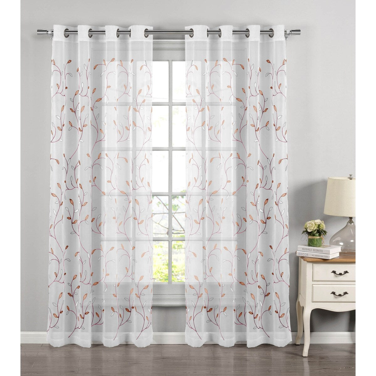 Wavy Leaves Embroidered Sheer Extra Wide Window Curtain (Single Panel)