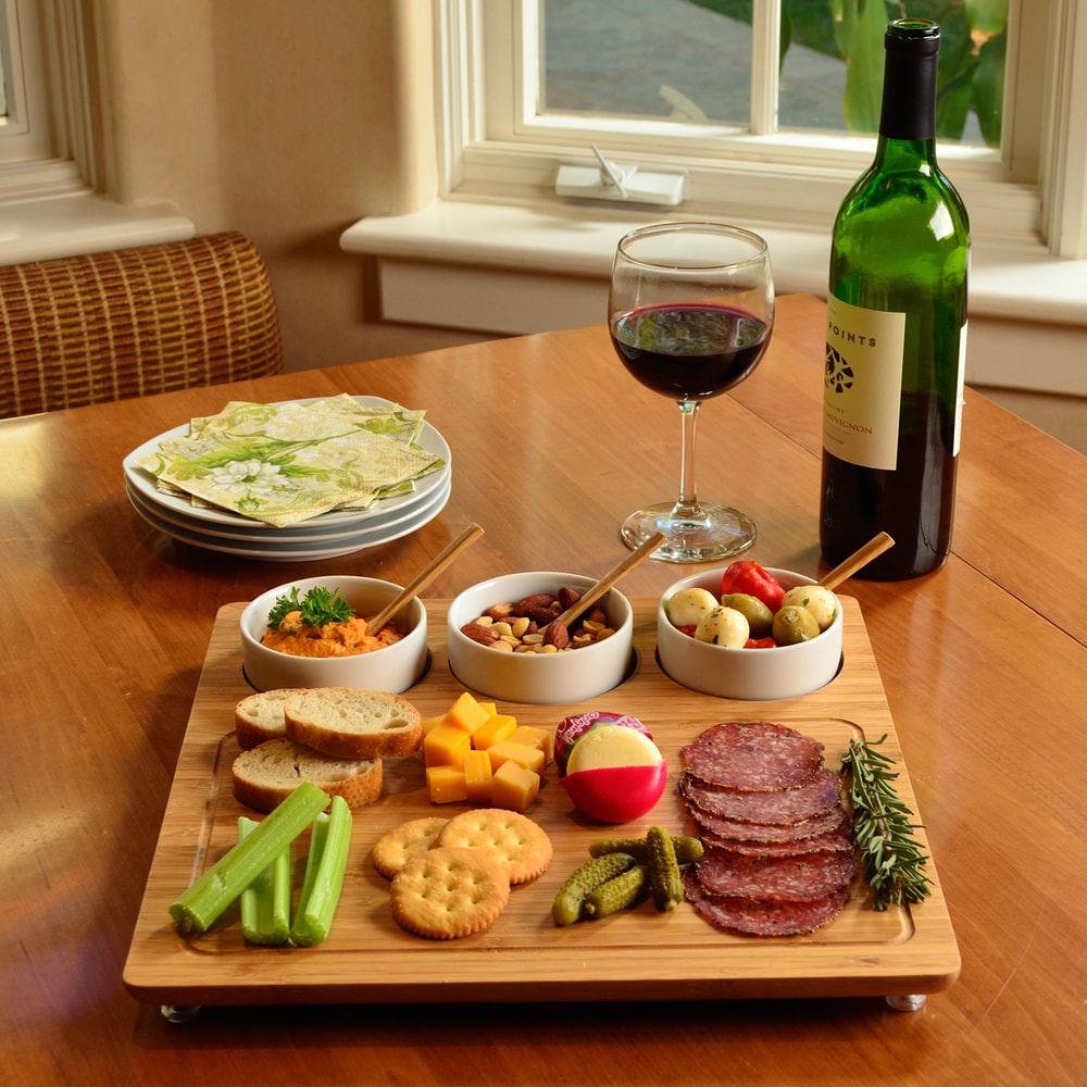 Picnic at Ascot Bamboo Serving Platter with 3 Ceramic Bowls