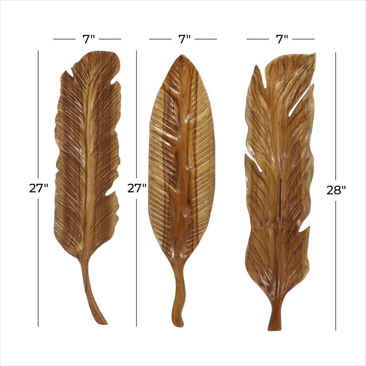 Teak Wood Bird Handmade Carved Feather Home Wall Decor - Set of 3 Brown - Roche River Decor