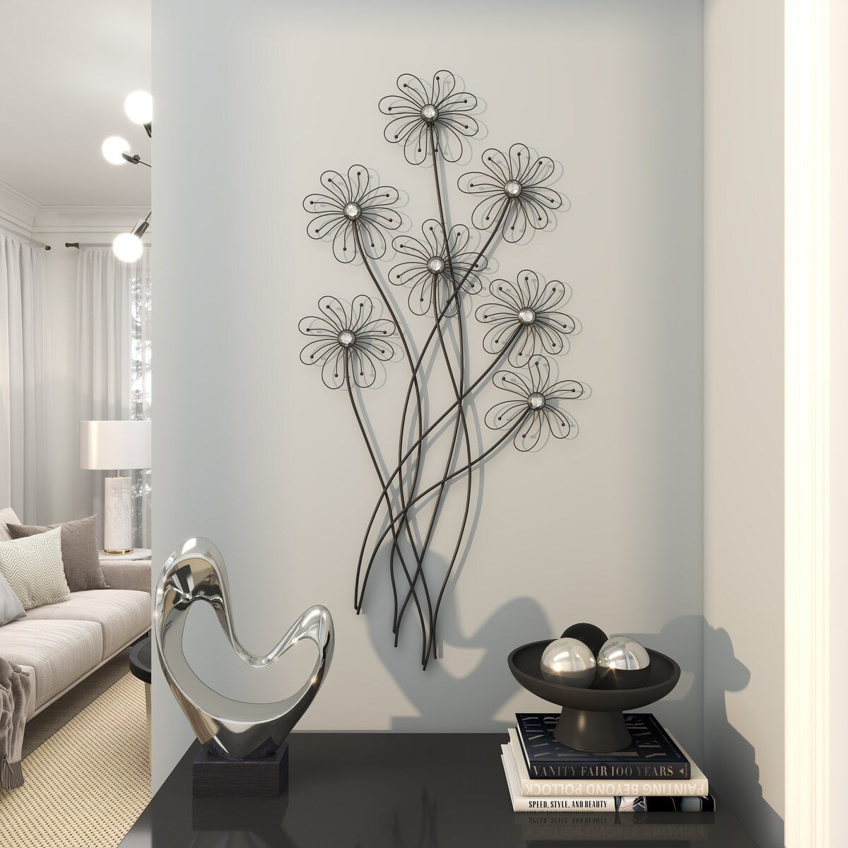 Metal Floral 3D Wire Home Wall Decor with Crystal Embellishments - Black - Roche River Decor