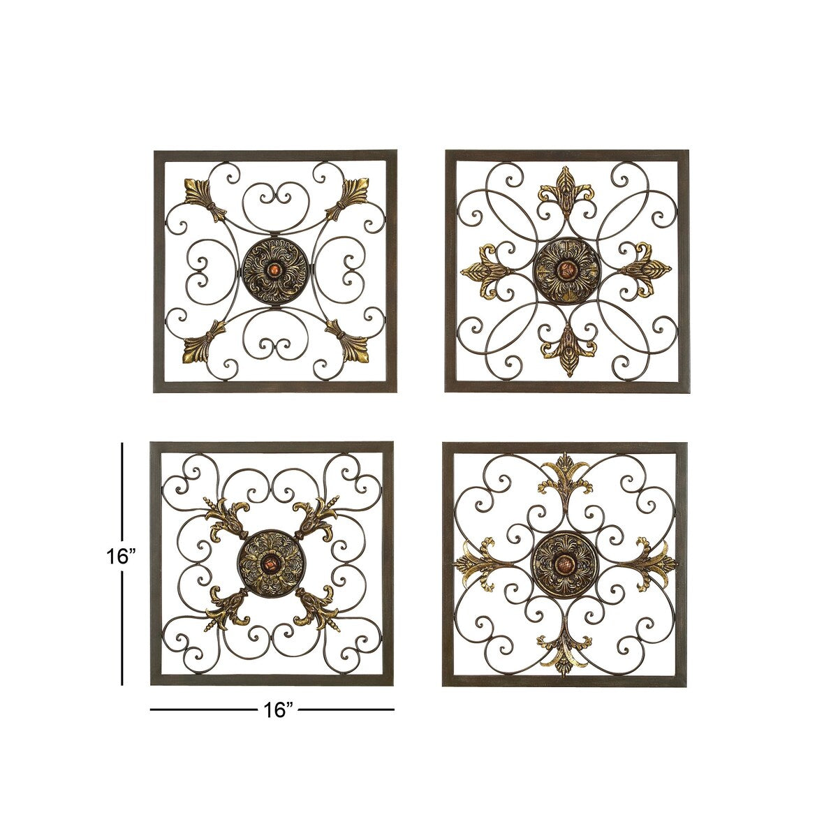 Metal Fleur De Lis Wire Scroll Home Wall Decor with Gold Accents - Set of 4 Brown - Roche River Decor