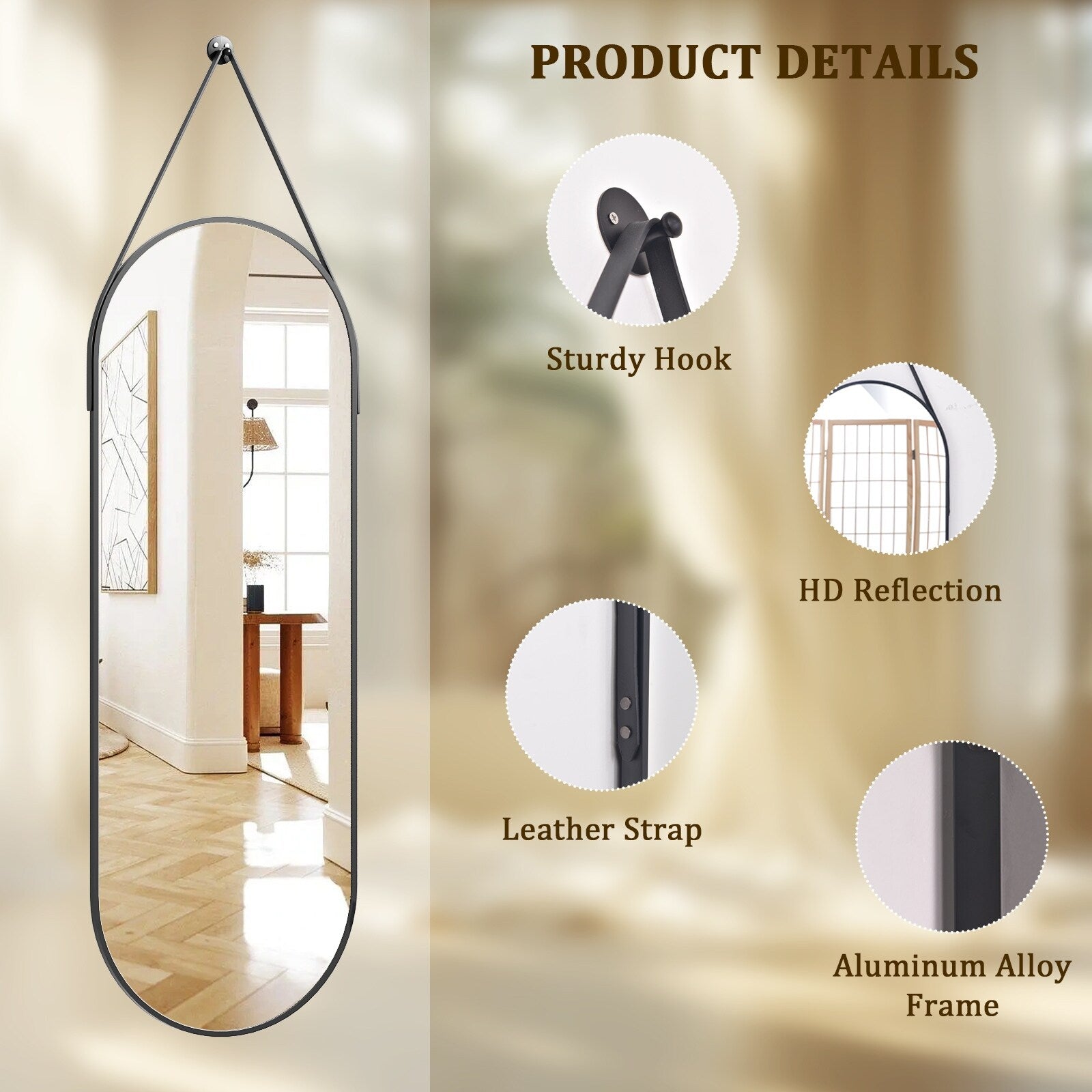 48 x 16 Full Length Hanging Wall Mirror with Leather Strap