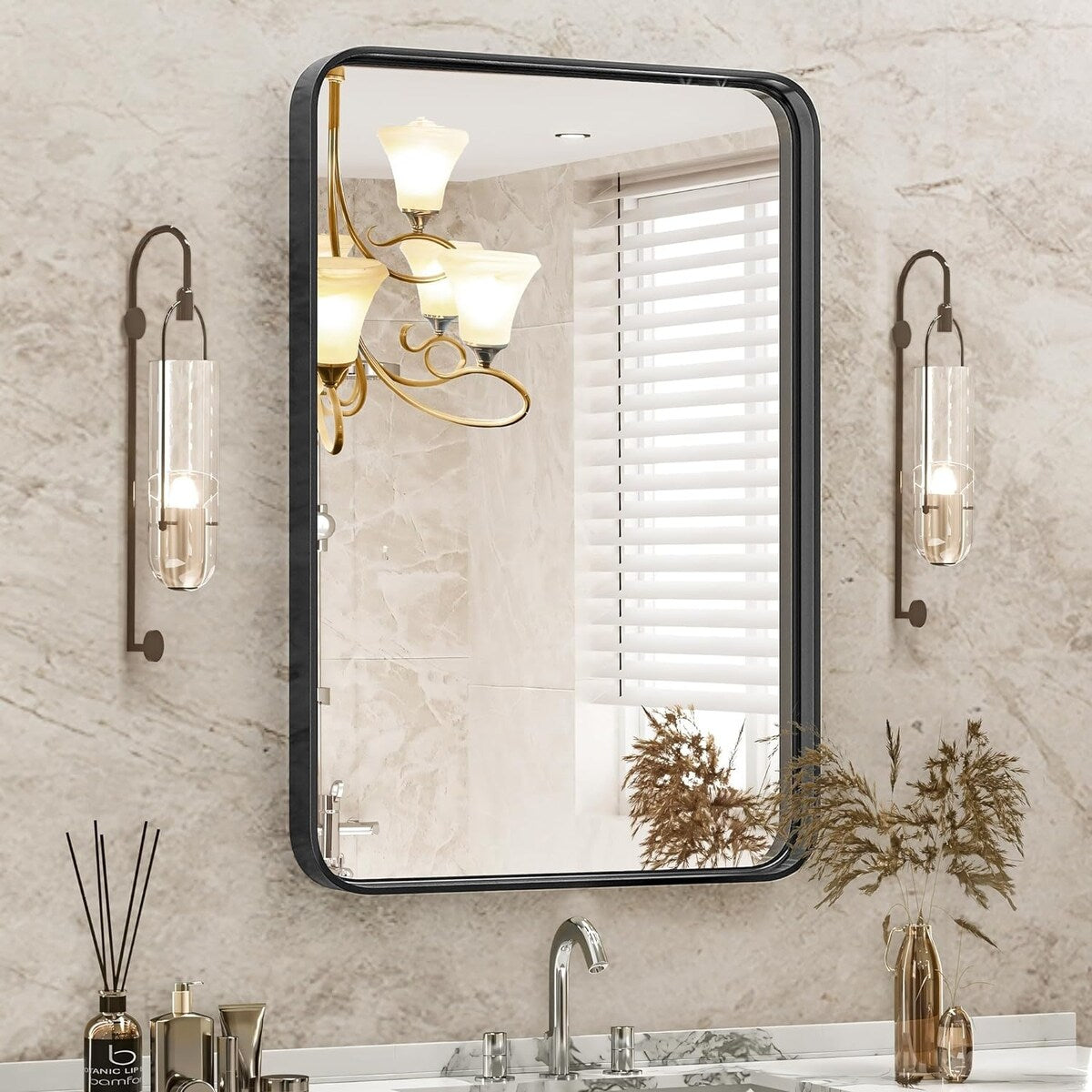 Black Aluminum Alloy Framed Vanity Rounded Rectangle Bathroom Mirrors for Over Sink Wall, Horizontally or Vertically Hanging