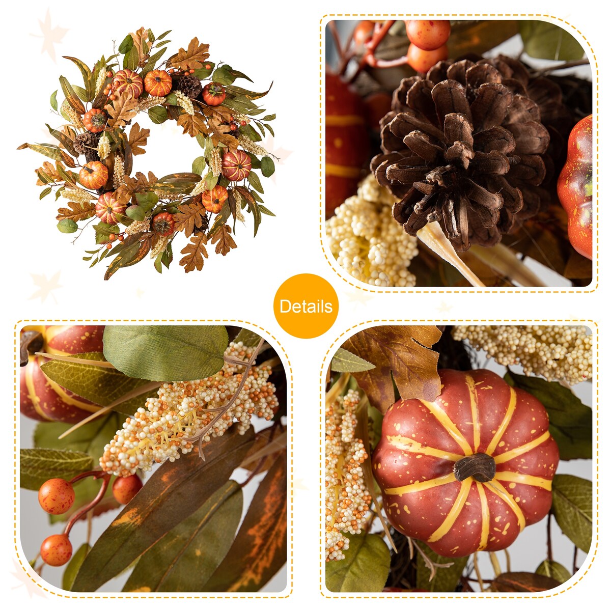 Glitzhome Fall Pumpkin Leaf Pine Cones Floral Swag Wreath