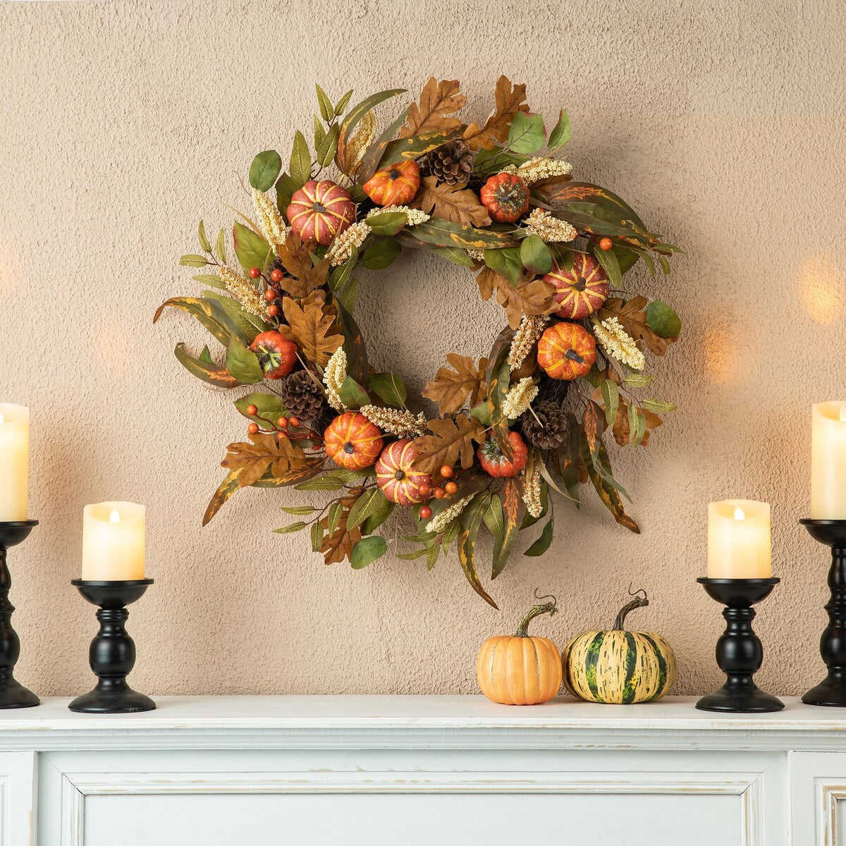 Glitzhome Fall Pumpkin Leaf Pine Cones Floral Swag Wreath