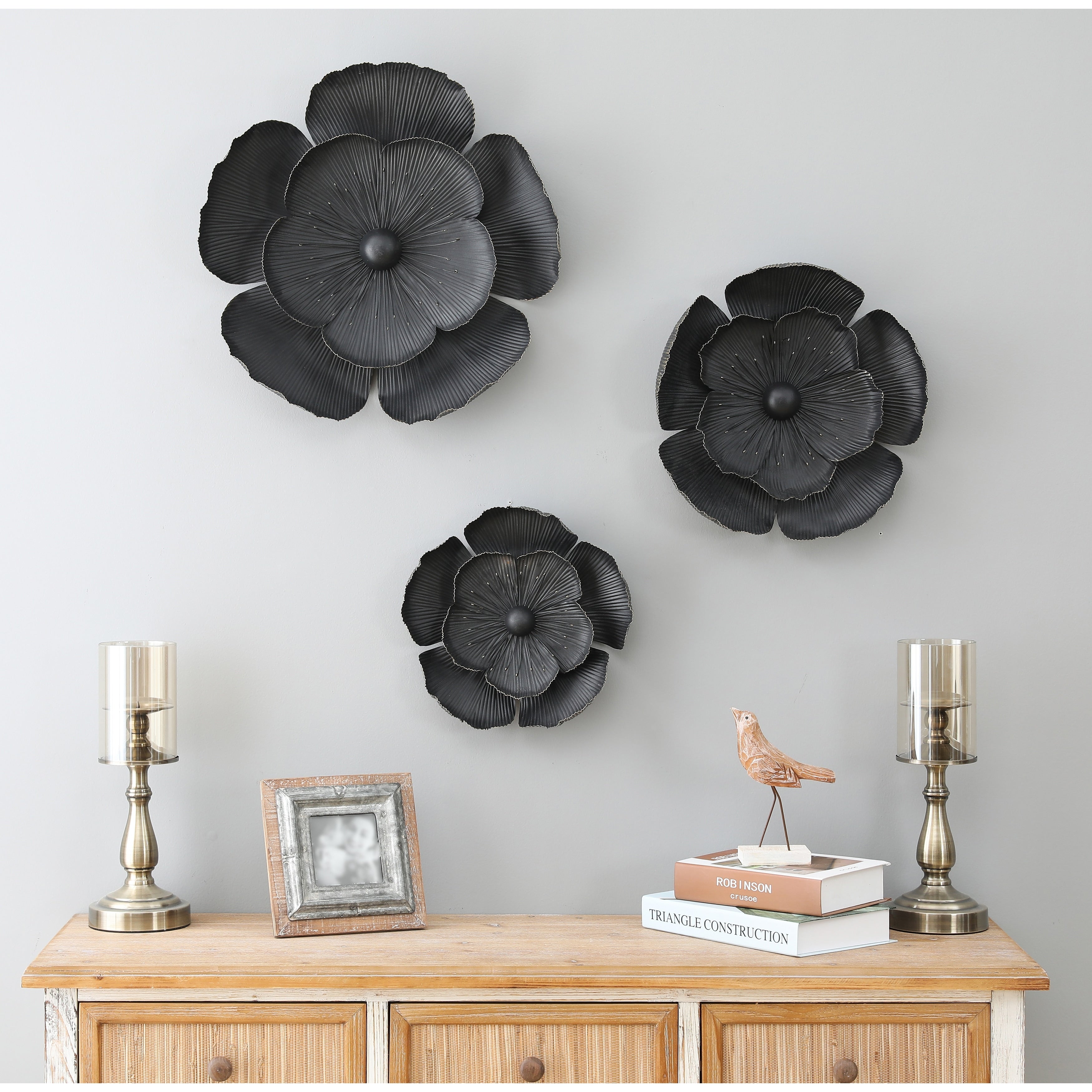 Black Multi-Size Metal Flowers Wall Decor (Set of 3)