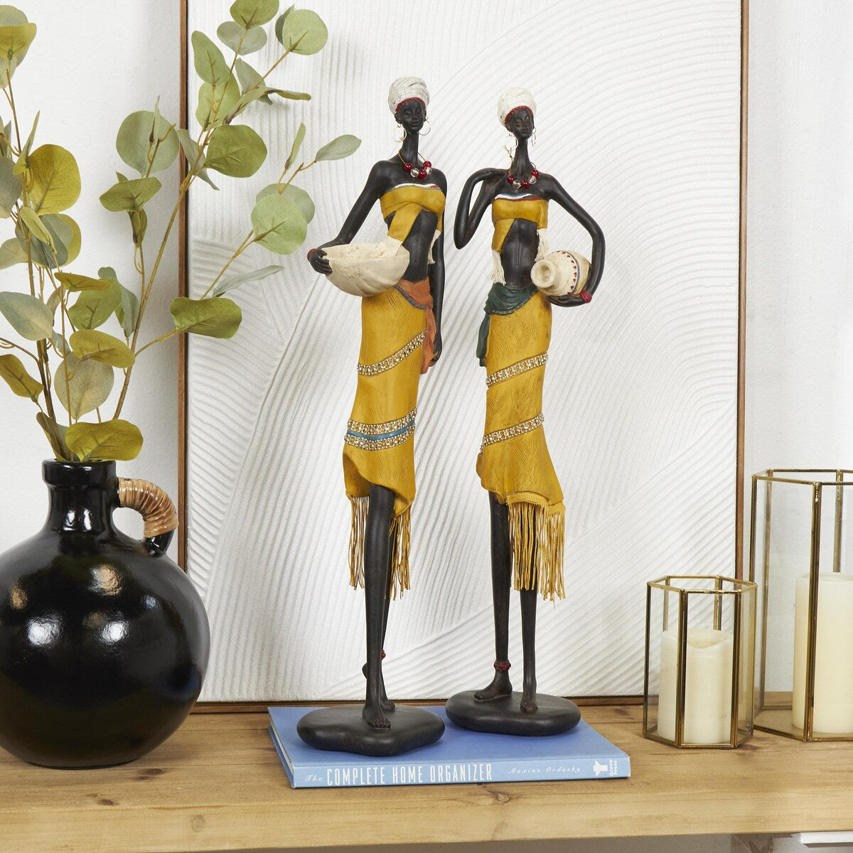 Polystone People Handmade African Woman Decorative Sculpture with Jeweled Details - Set of 2 Yellow - Roche River Decor