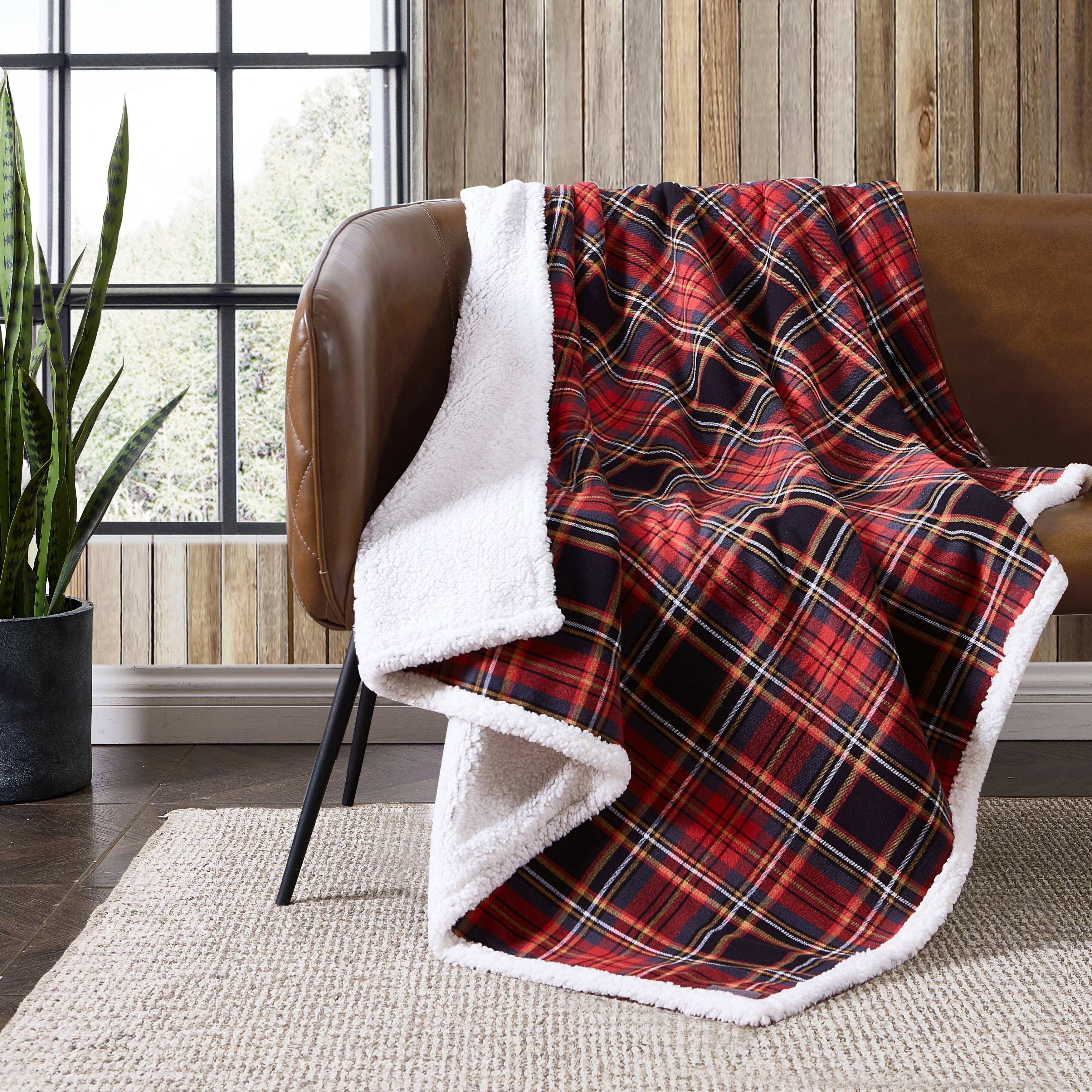 Eddie Bauer Cotton Flannel/Shearling Reverse Throw Blanket