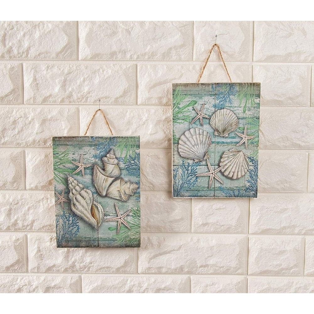 2 Small Hanging Decorations Wooden Wall Ornament Under The Sea Seashells Design