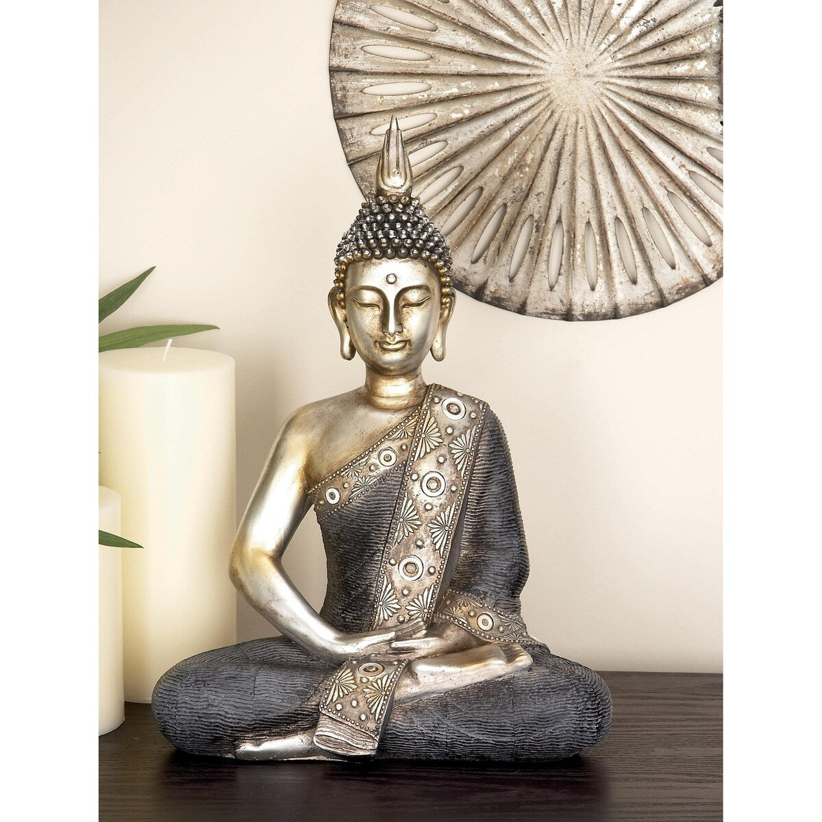 Polystone Buddha Meditating Decorative Sculpture with Engraved Carvings and Relief Detailing - Brass - Roche River Decor