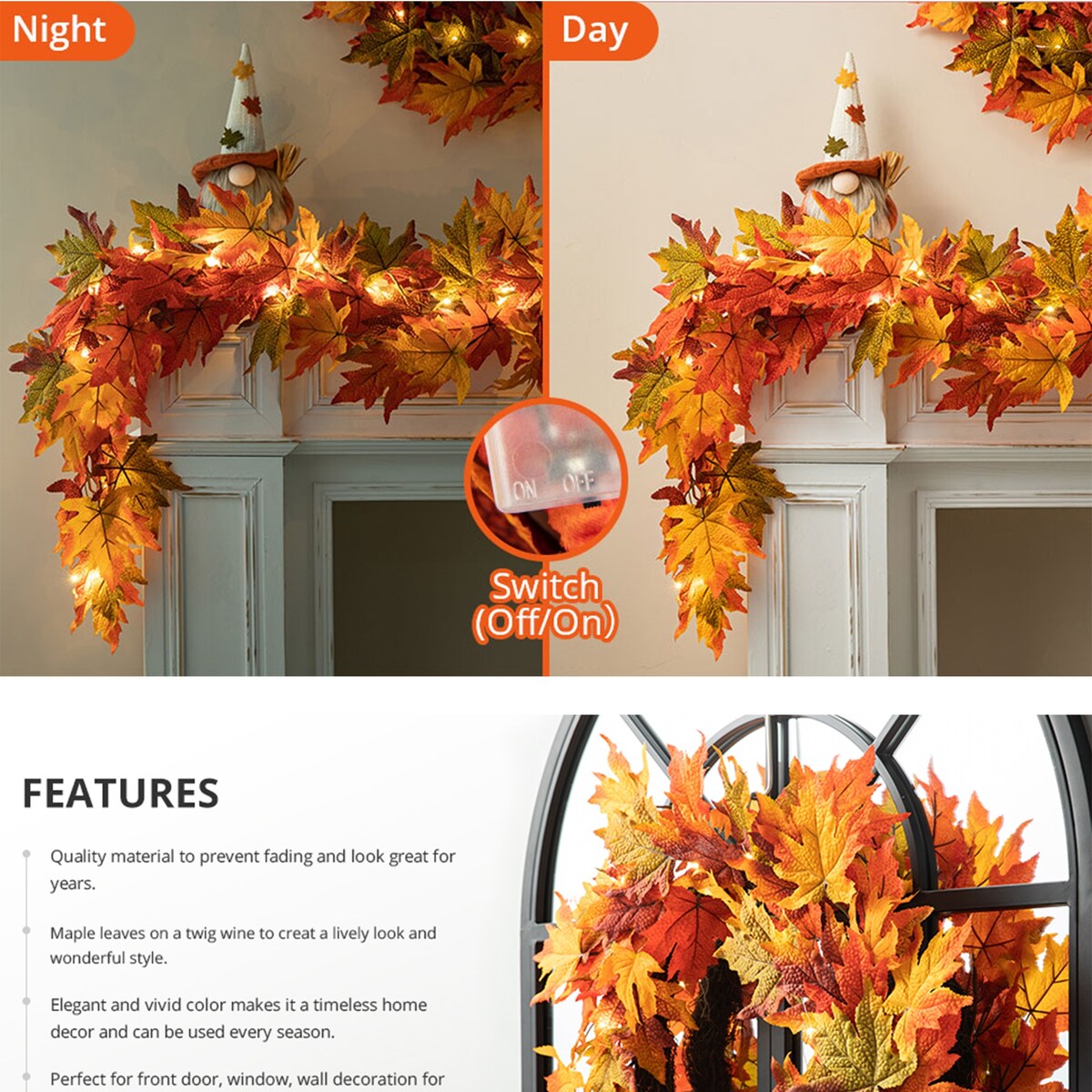 Glitzhome Thanksgiving LED Lighted Fall Maple Leaves Wreath & Garland