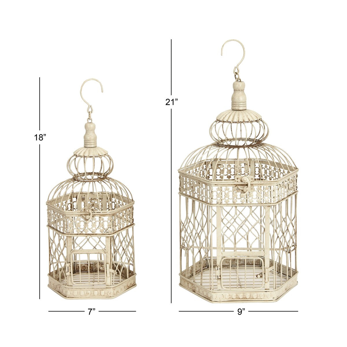 Metal Scroll Distressed Wire Birdcage with Latch Lock Closure and Hanging Hook - Set of 2 Cream - Roche River Decor