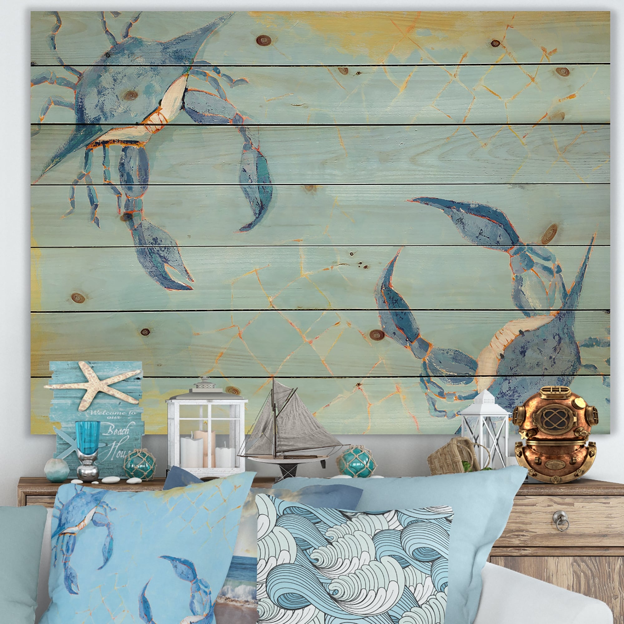 Designart 'Blue Coastal crab Battle' Nautical & Coastal Print on Natural Pine Wood - Blue