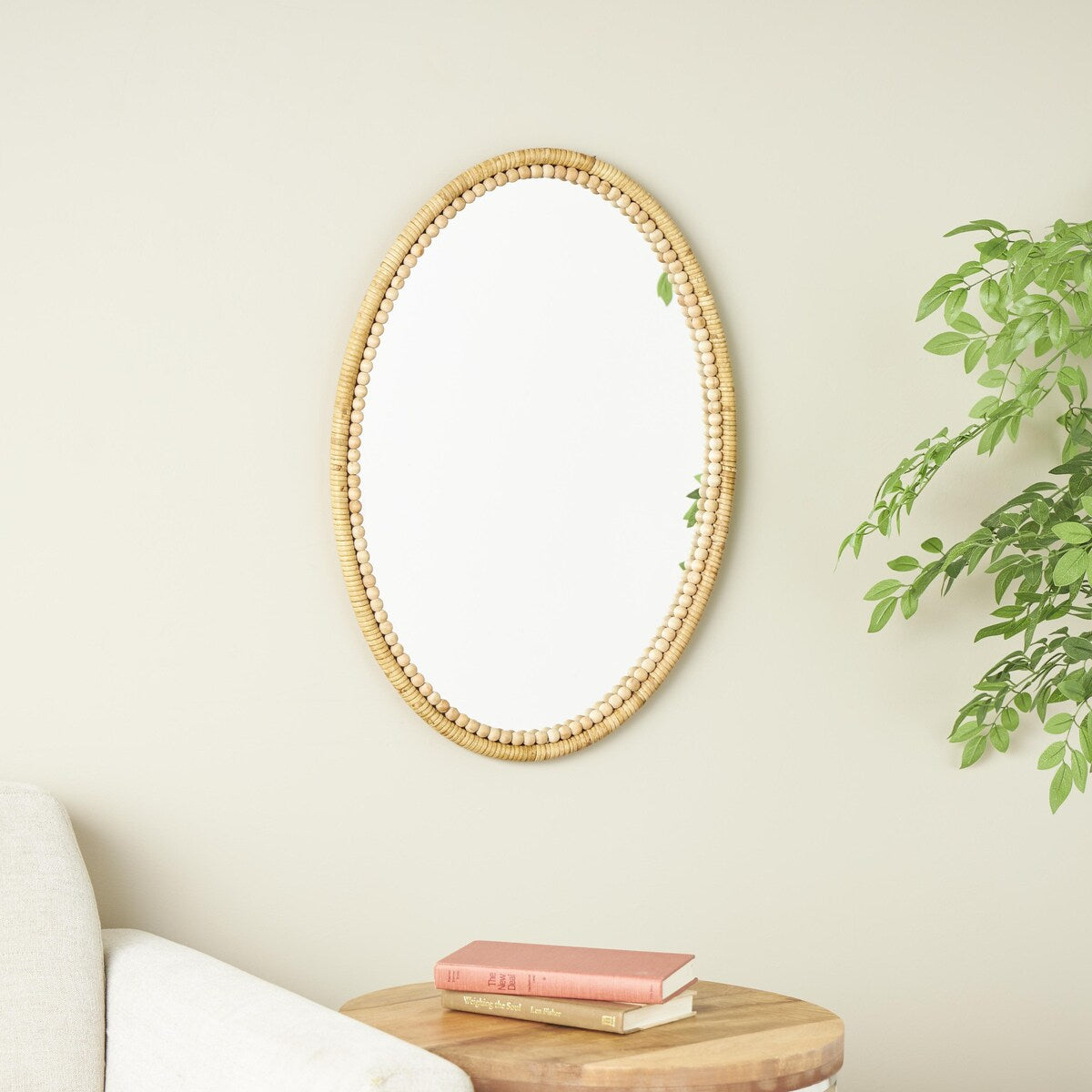 Bamboo Wood Wrapped Room Wall Mirror with Beaded Frame - Brown - Roche River Decor