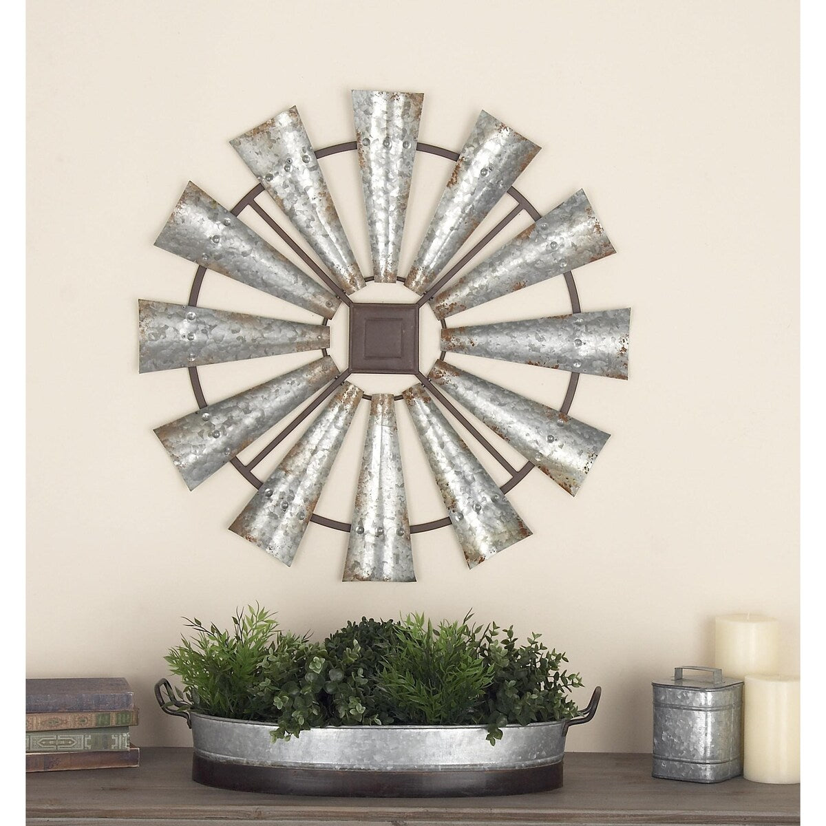 Metal Windmill Distressed Galvanized Home Wall Decor with Rust Frame - Silver - Roche River Decor