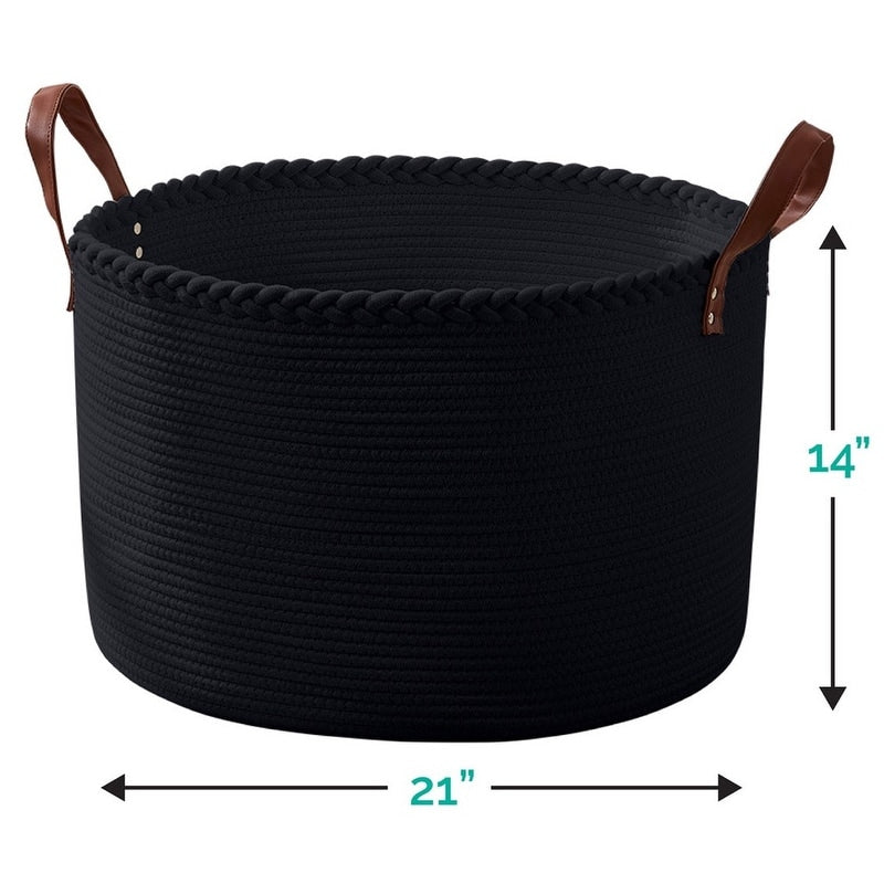 Large Round Cotton Rope Storage Basket Laundry Hamper with Leather Handles, 21 x 21 x 14 - 21 x 21 x 14