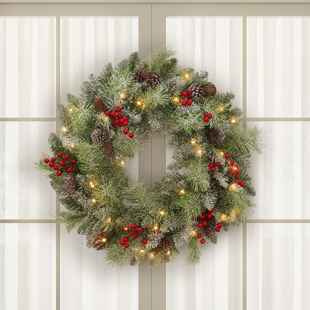 Maypex 24'' Lighted Faux Christmas Wreath - Green - 24.00 L x 24.00 W x 5.00 H