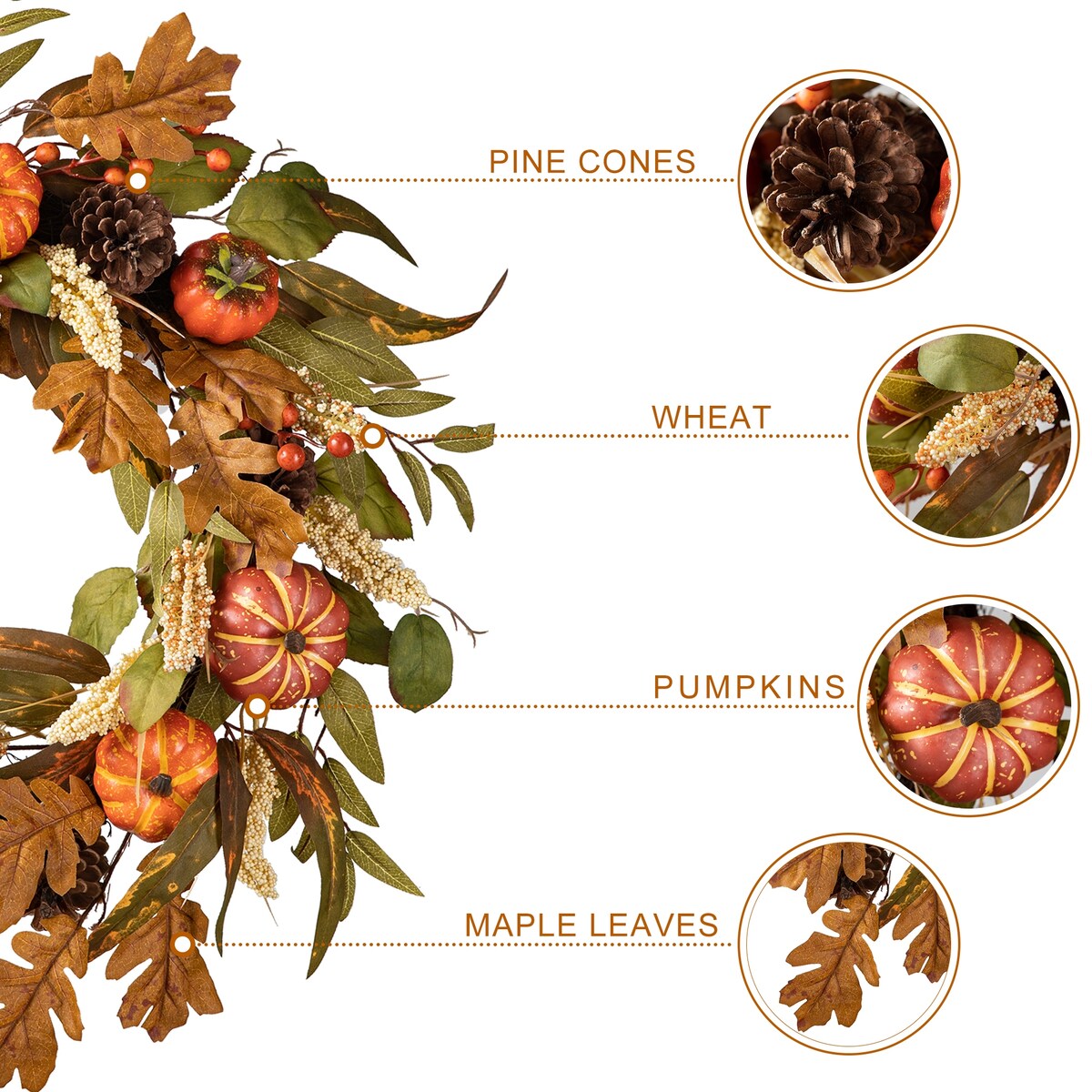 Glitzhome Fall Pumpkin Leaf Pine Cones Floral Swag Wreath