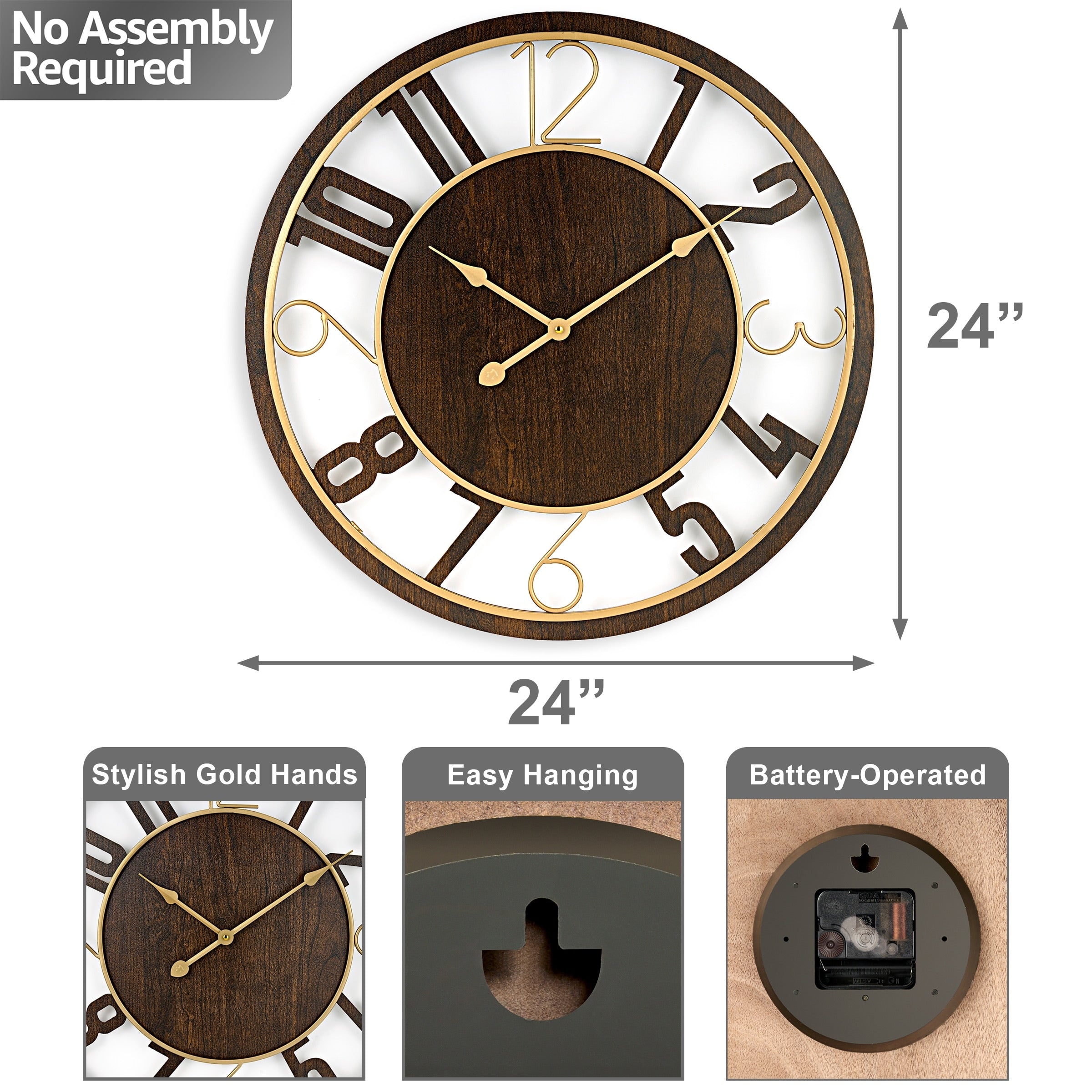 Sorbus Large 24 Decorative Round Wooden Analog Modern Wall Clock Battery Operated With Numeral Style Design