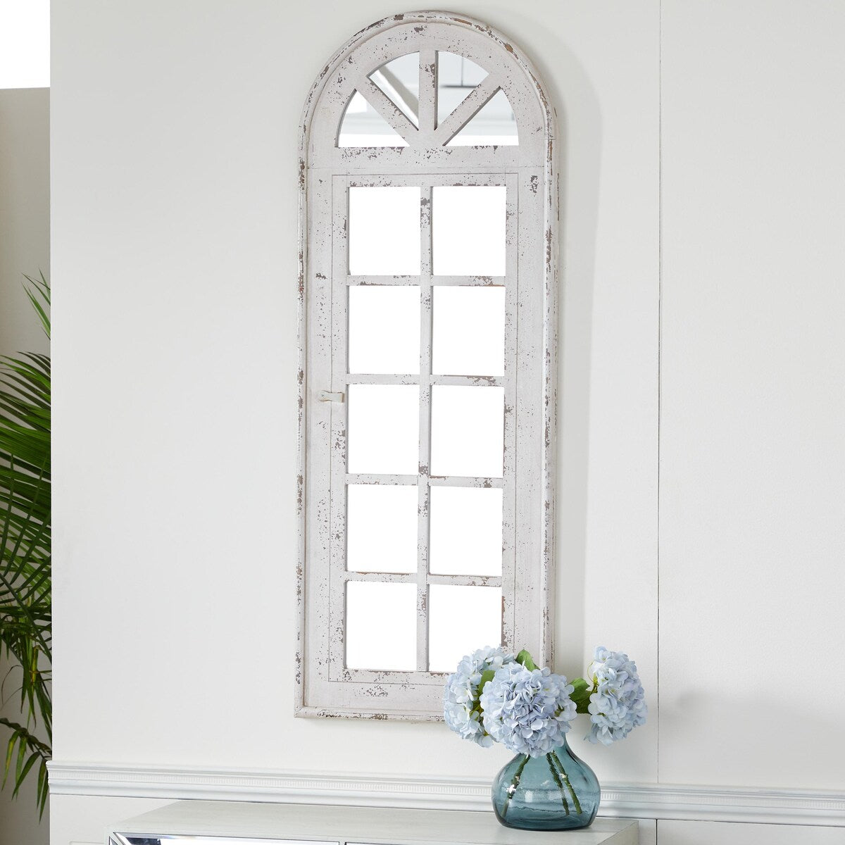 Wooden Window Pane Inspired Room Wall Mirror with Arched Top and Distressing - White - Roche River Decor