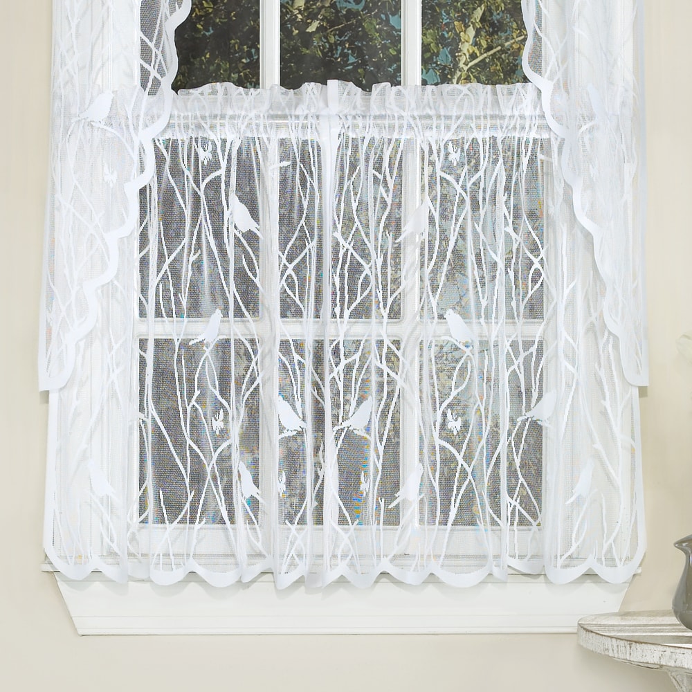 White Knit Lace Bird Motif Window Curtain Tiers, Valance and Swag Pair Options